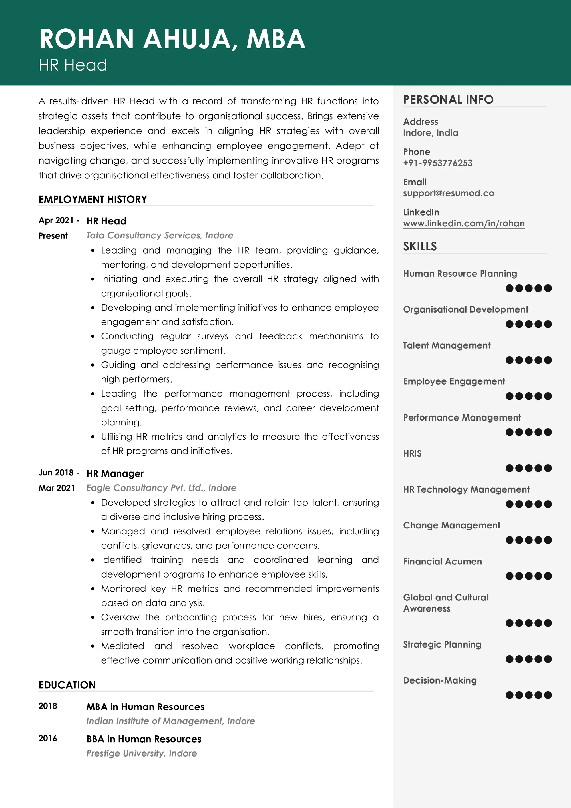 Resume of HR Head built on Resumod