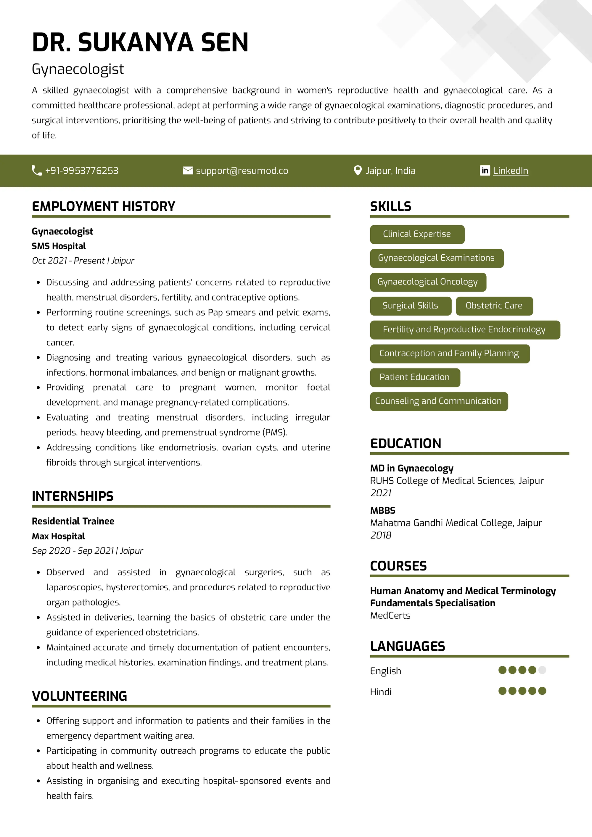 Resume of Gynaecologist built on Resumod