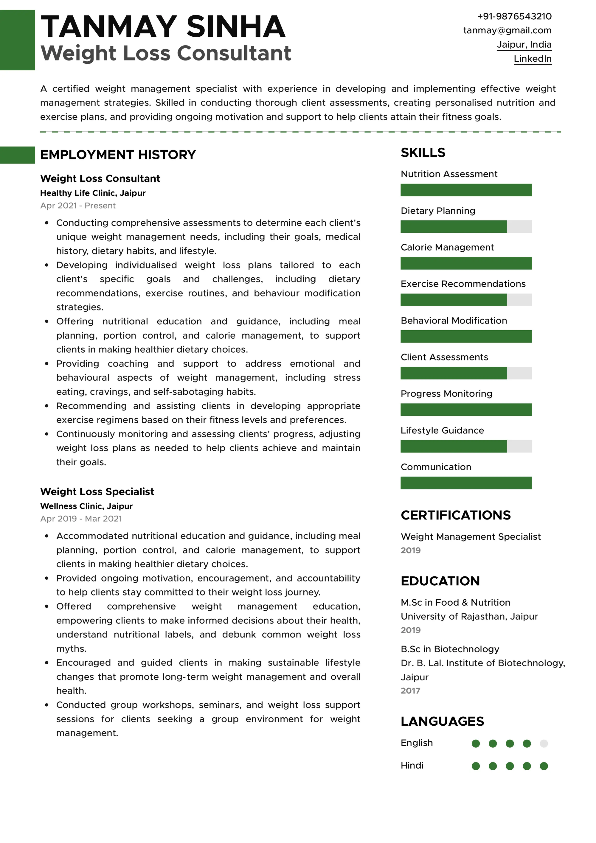 Resume of Weight Loss Consultant built on Resumod