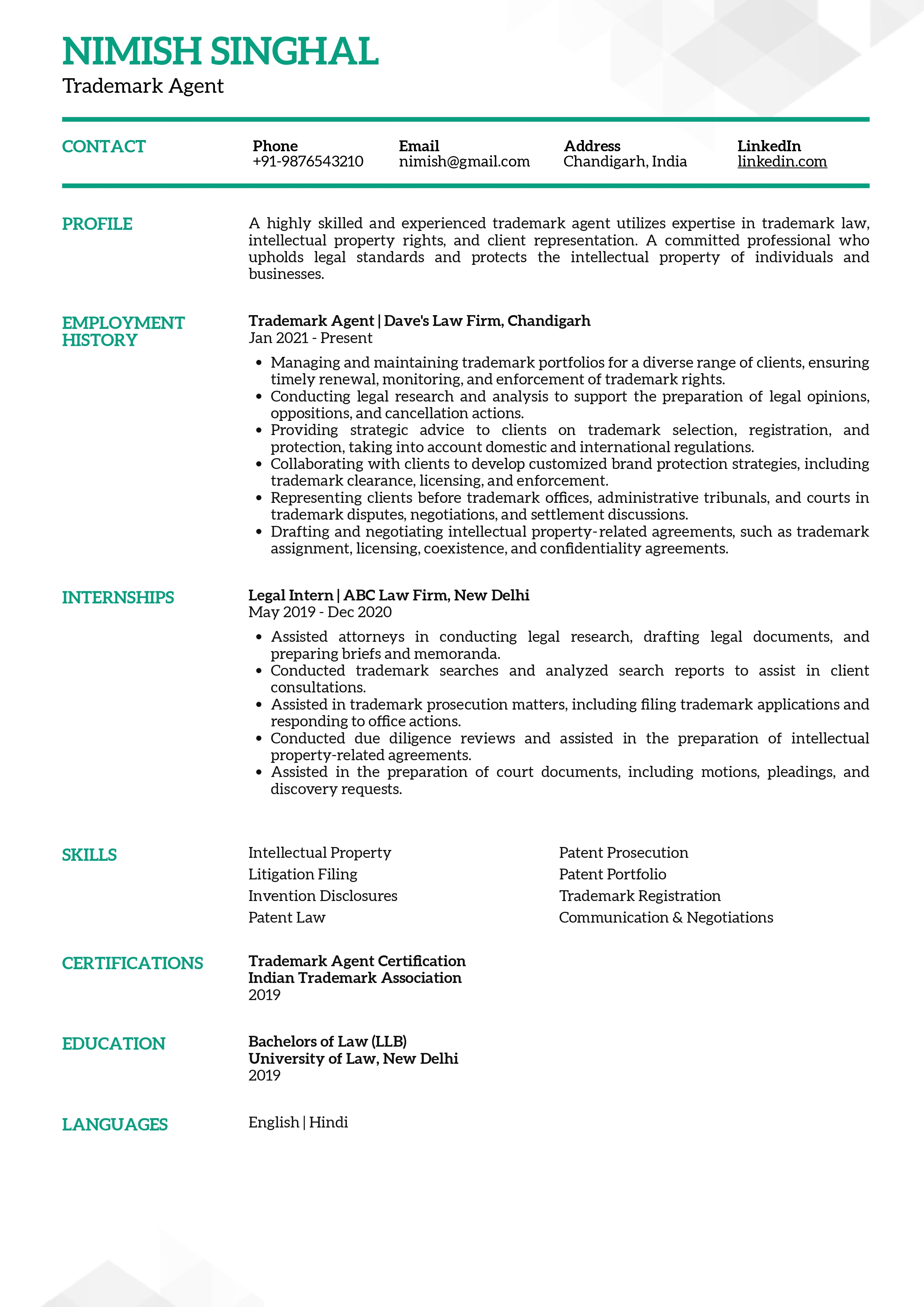 Resume of Trademark Agent built on Resumod