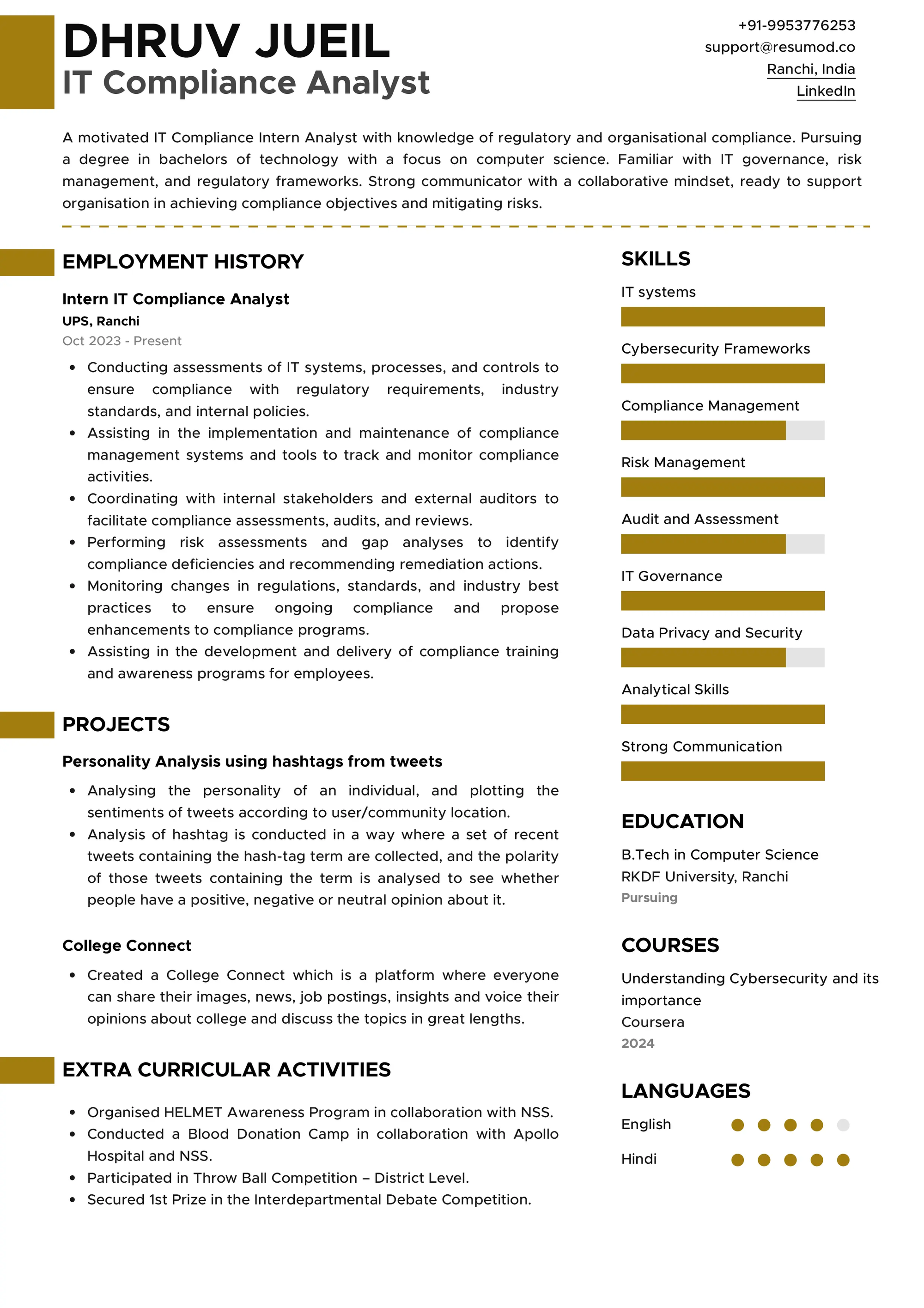 Resume of IT Compliance Analyst built on Resumod