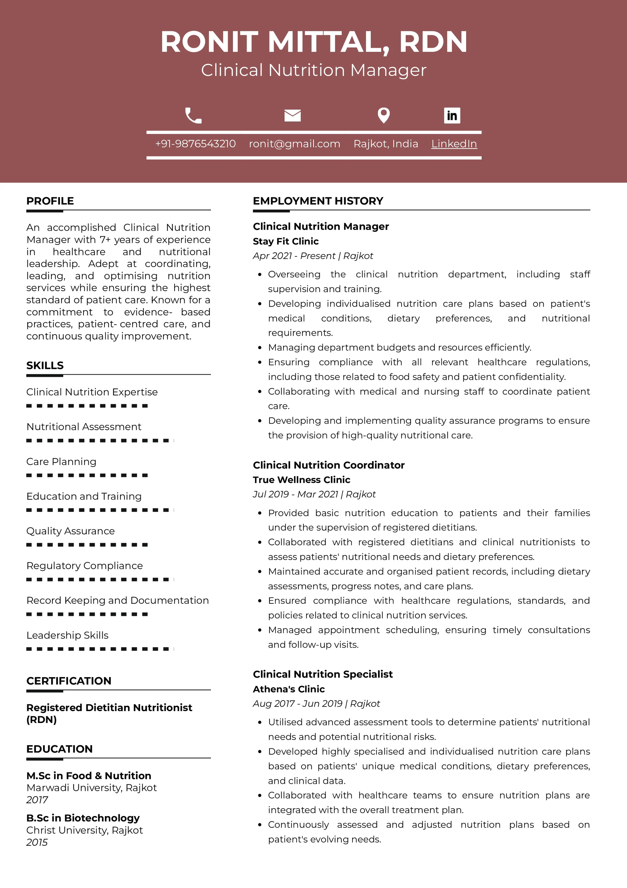 Resume of Clinical Nutrition Manager 