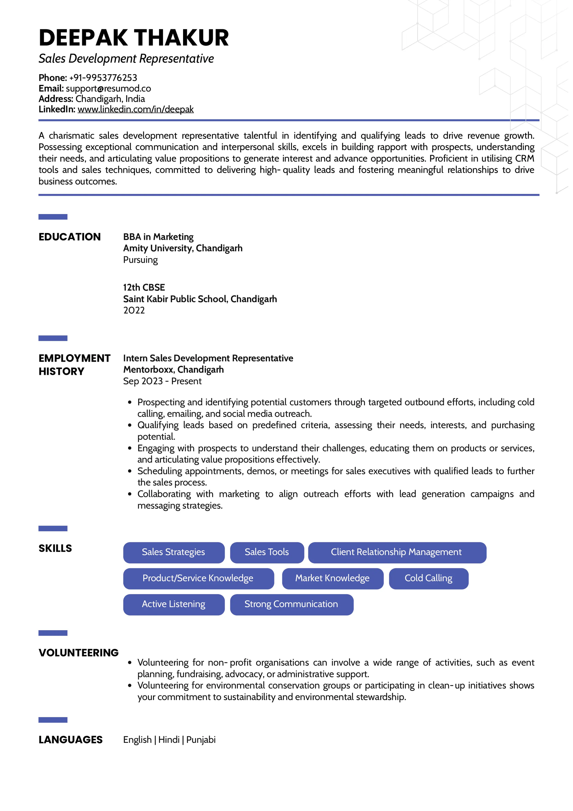 Resume of Sales Development Representative 
