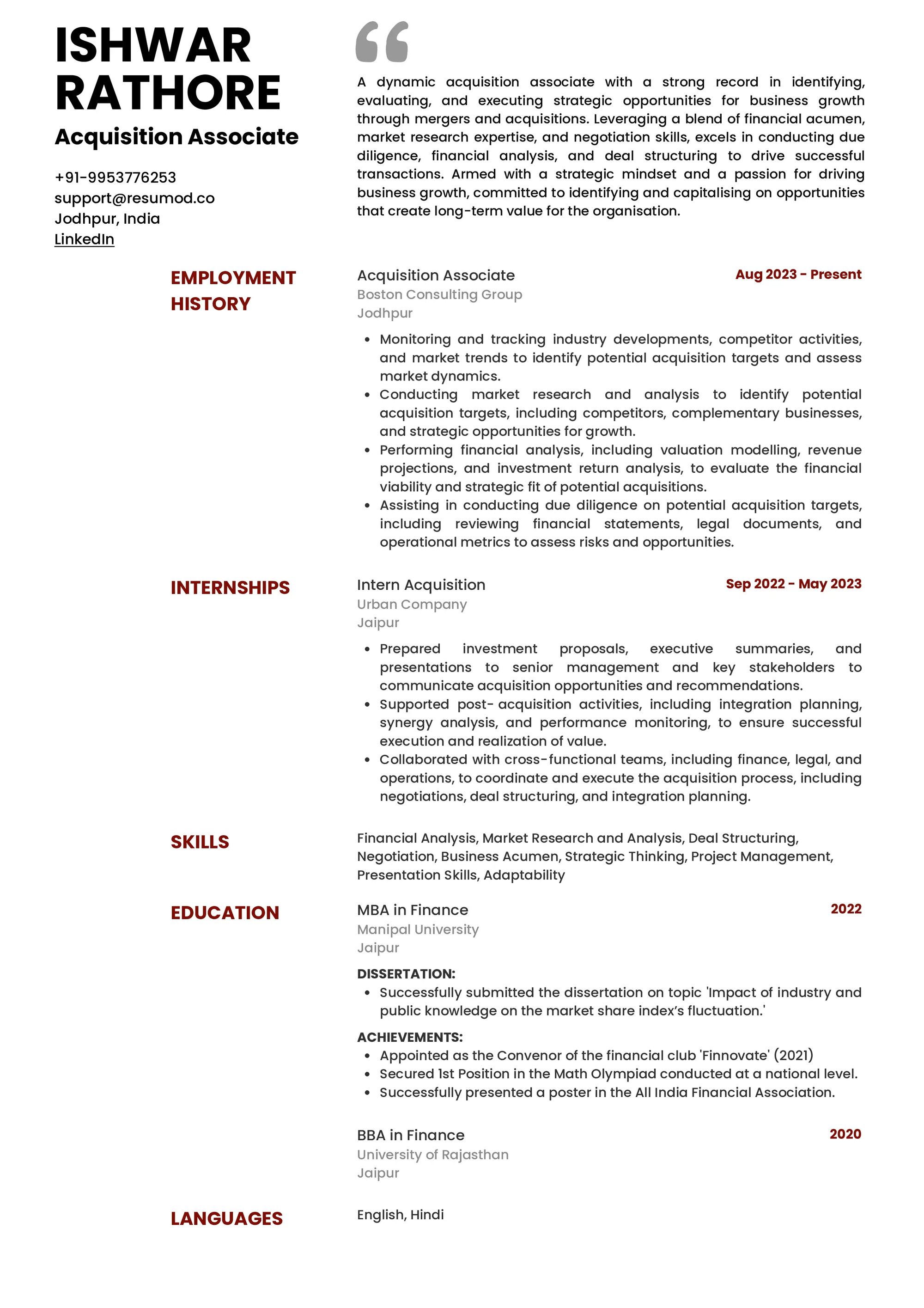 Resume of Acquisition Associate built on Resumod