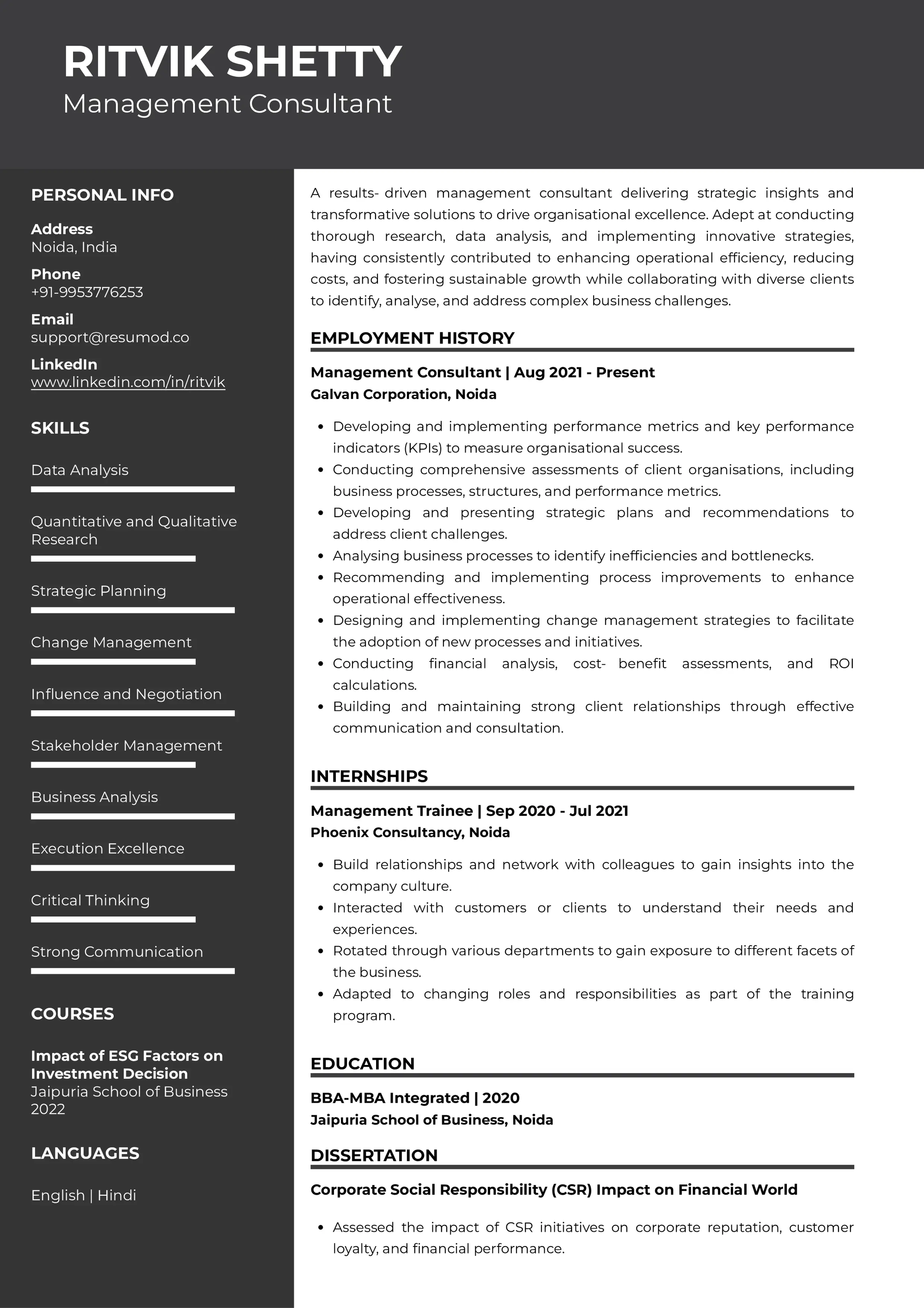 Resume of Management Consultant built on Resumod