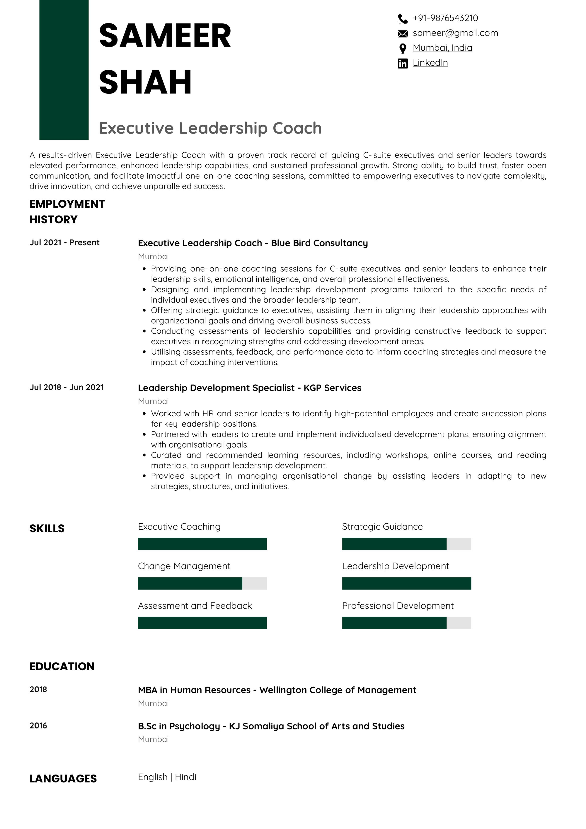 Resume of Executive Leadership Coach built on Resumod