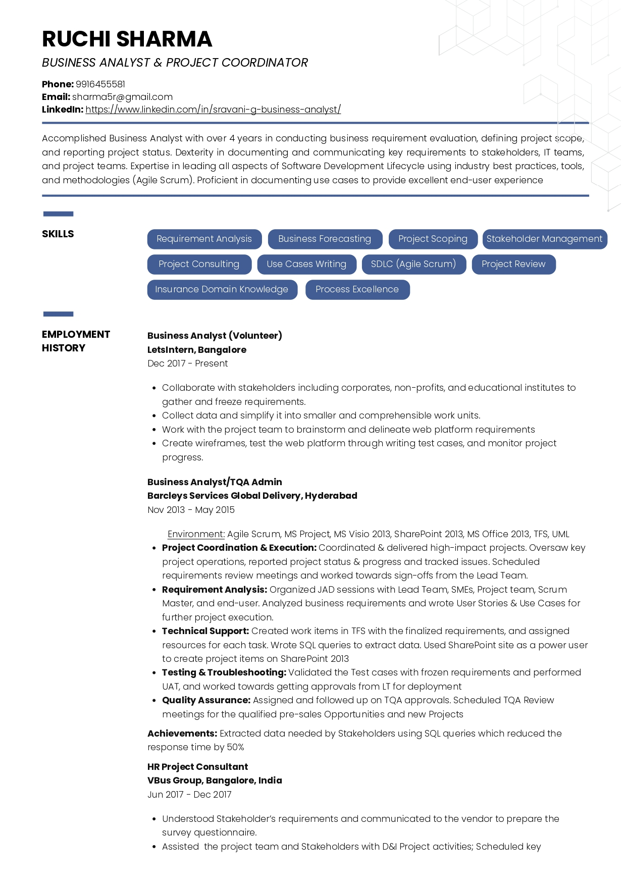 Resume of Business Analyst and Project Coordinator built on Resumod
