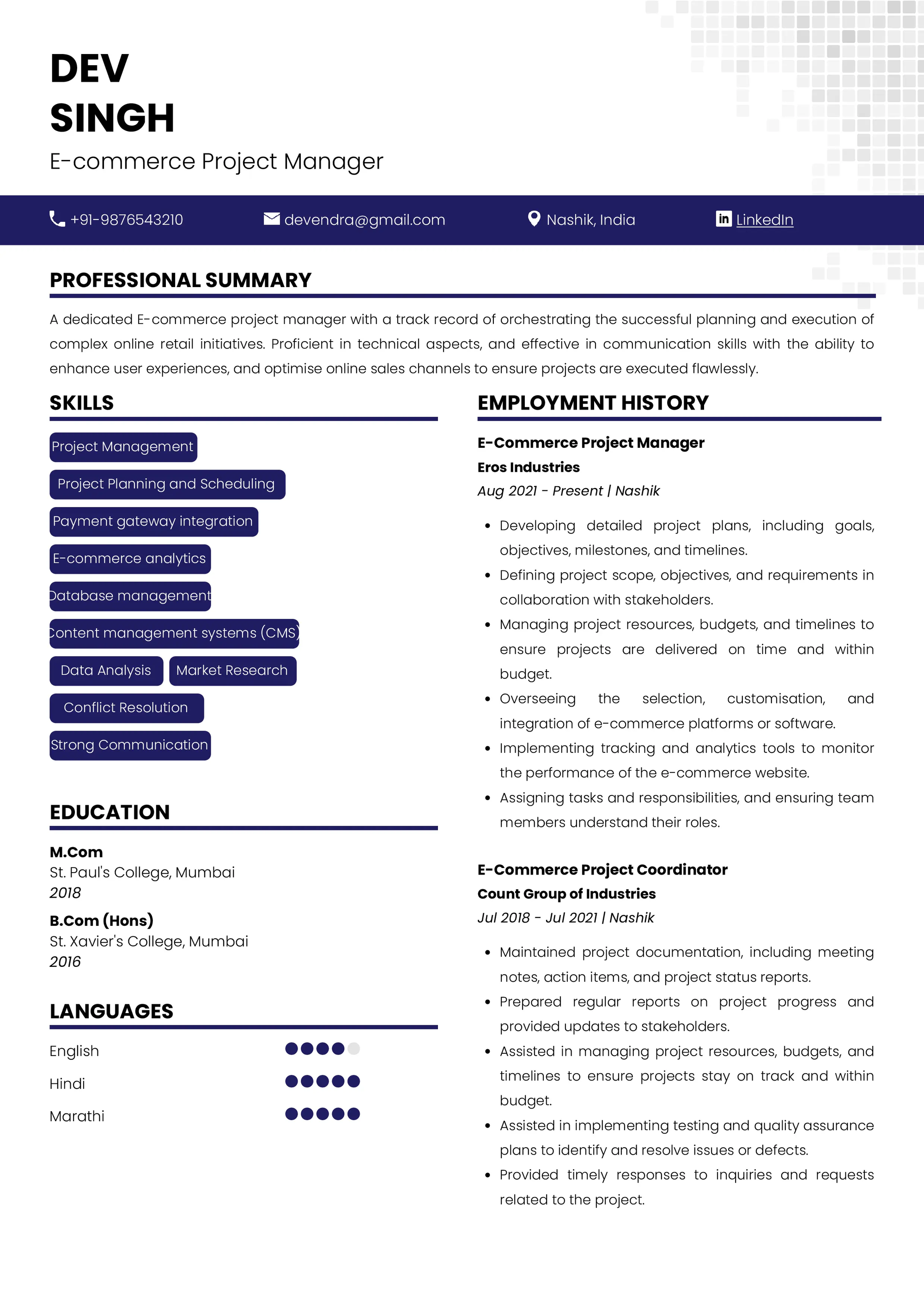 Resume of e-Commerce Project Manager built on Resumod