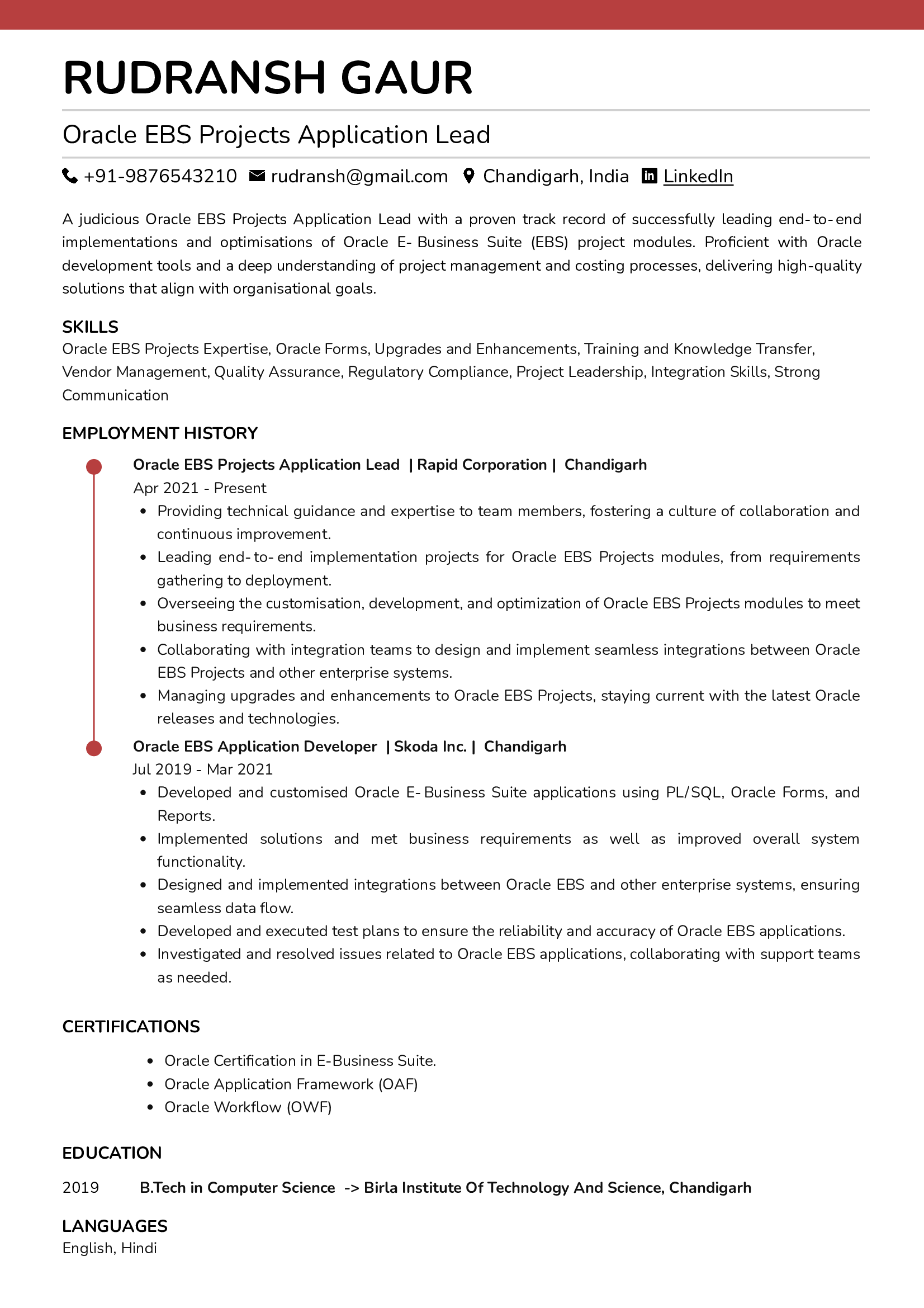 Resume of Oracle EBS Projects Application Lead built on Resumod