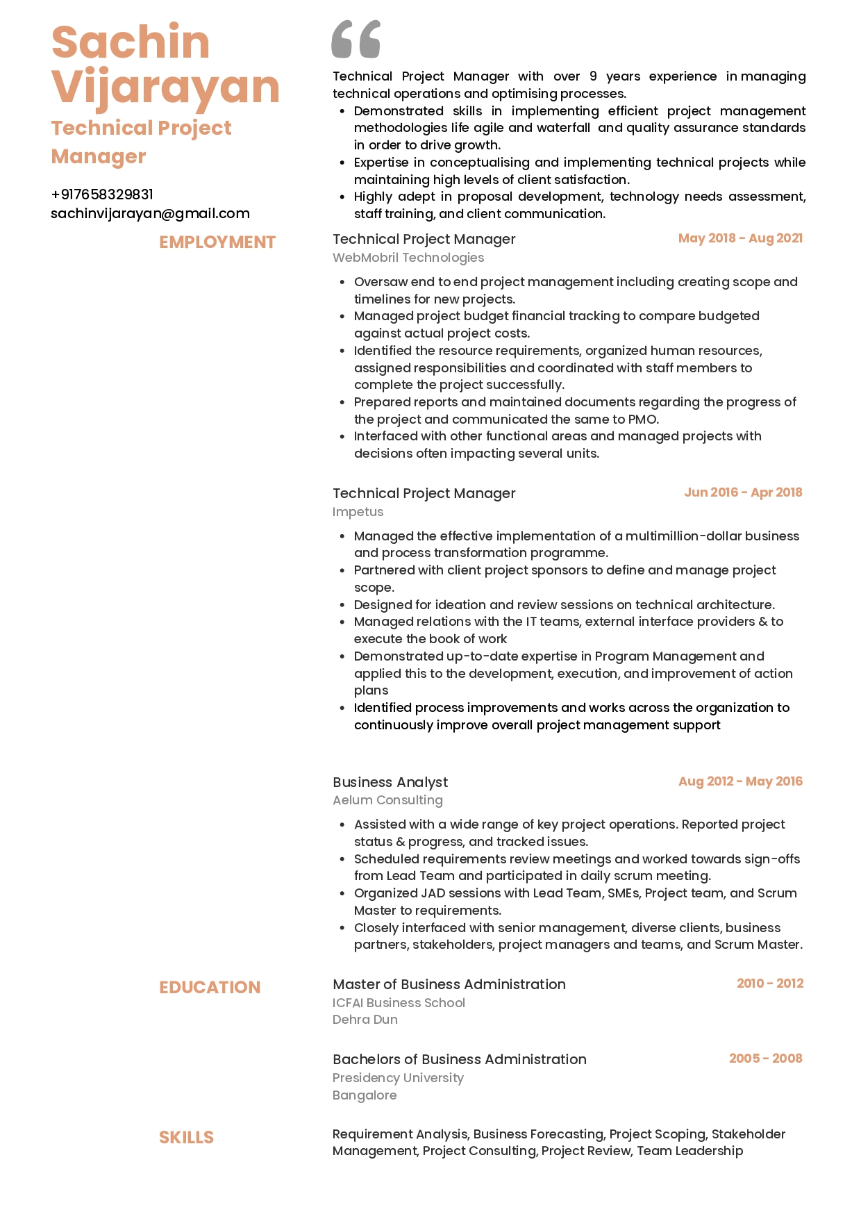 Resume of Technical Project Manager built on Resumod