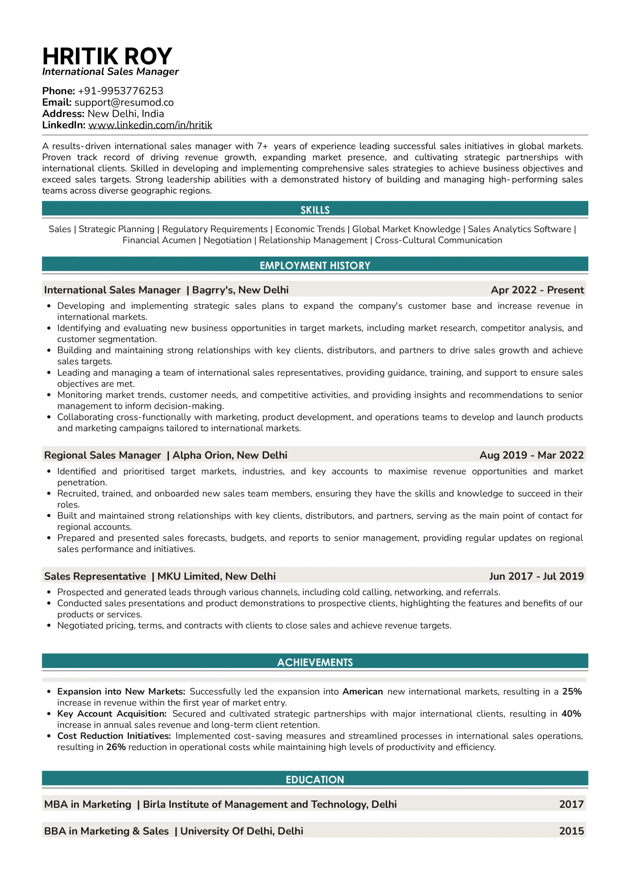 Resume of international sales manager in text format