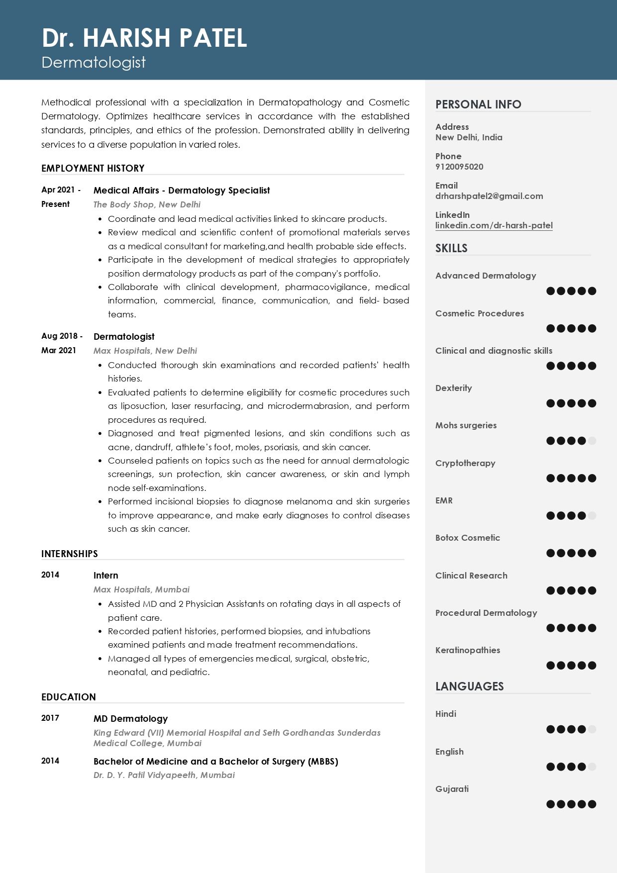 Resume of Dermatologist built on Resumod
