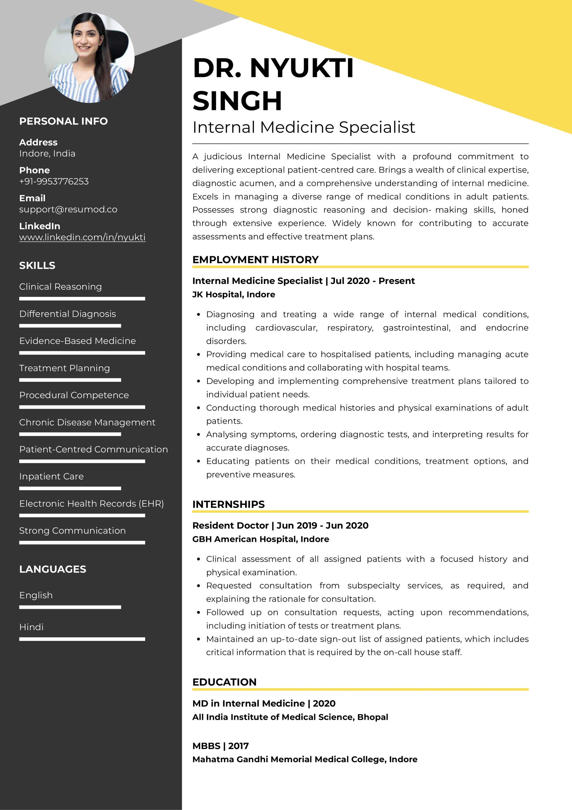 Resume of Internal Medicine Specialist built on Resumod