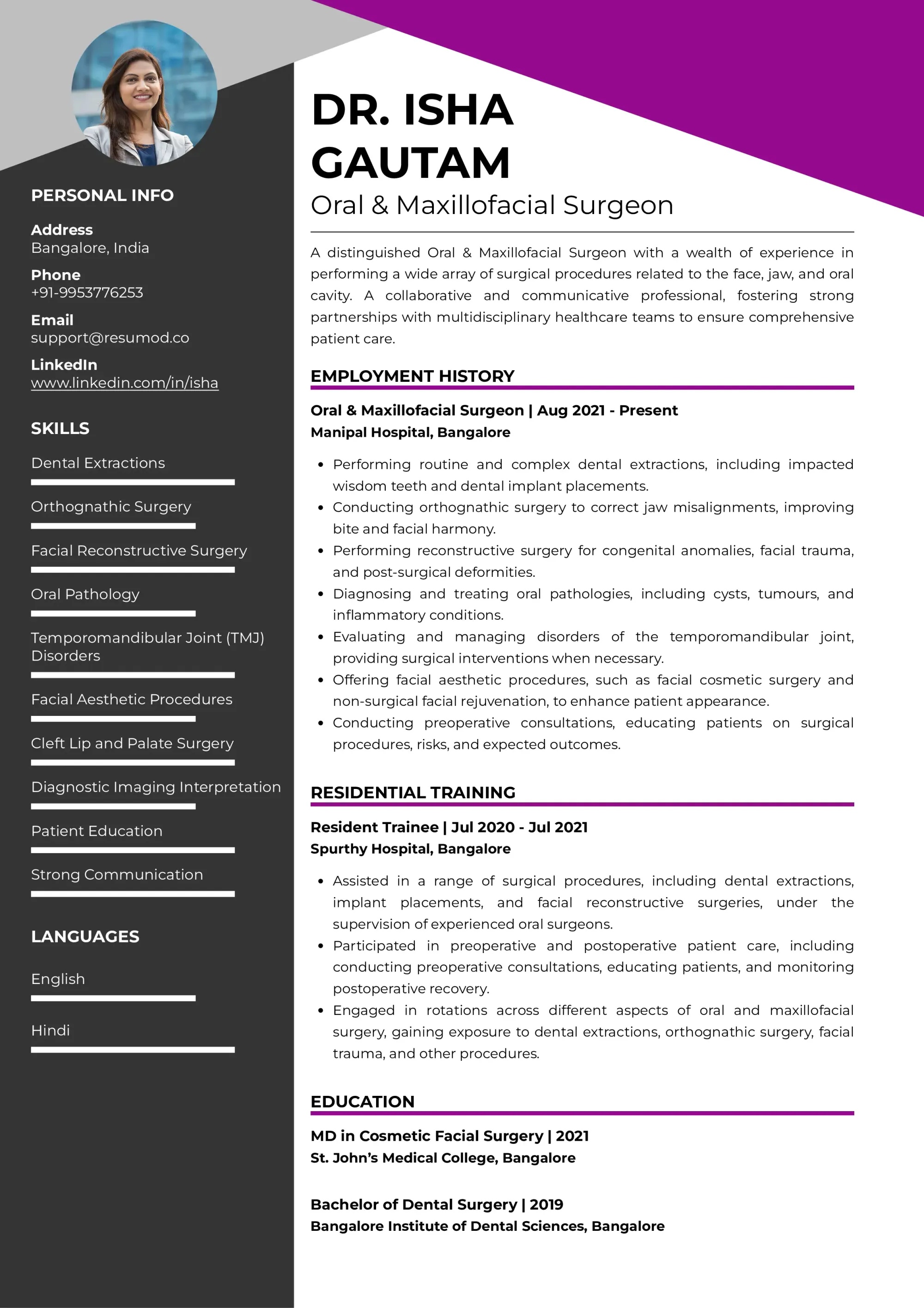 Resume of Oral and Maxillofacial Surgeon built on Resumod