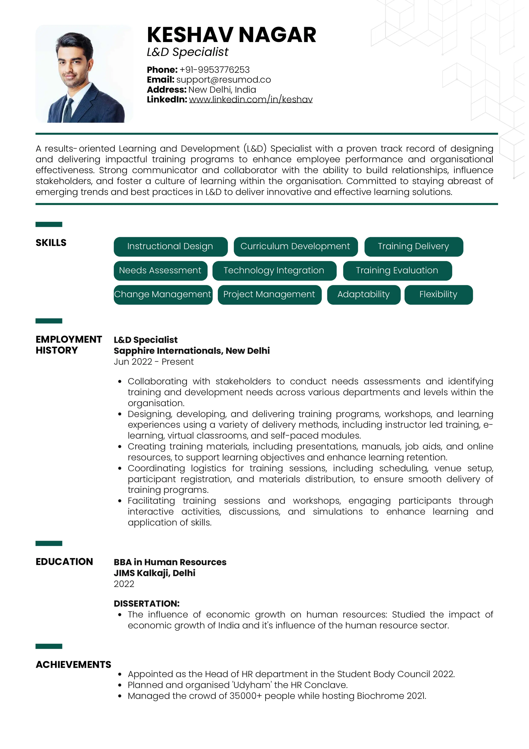 Resume of L&D Specialist built on Resumod