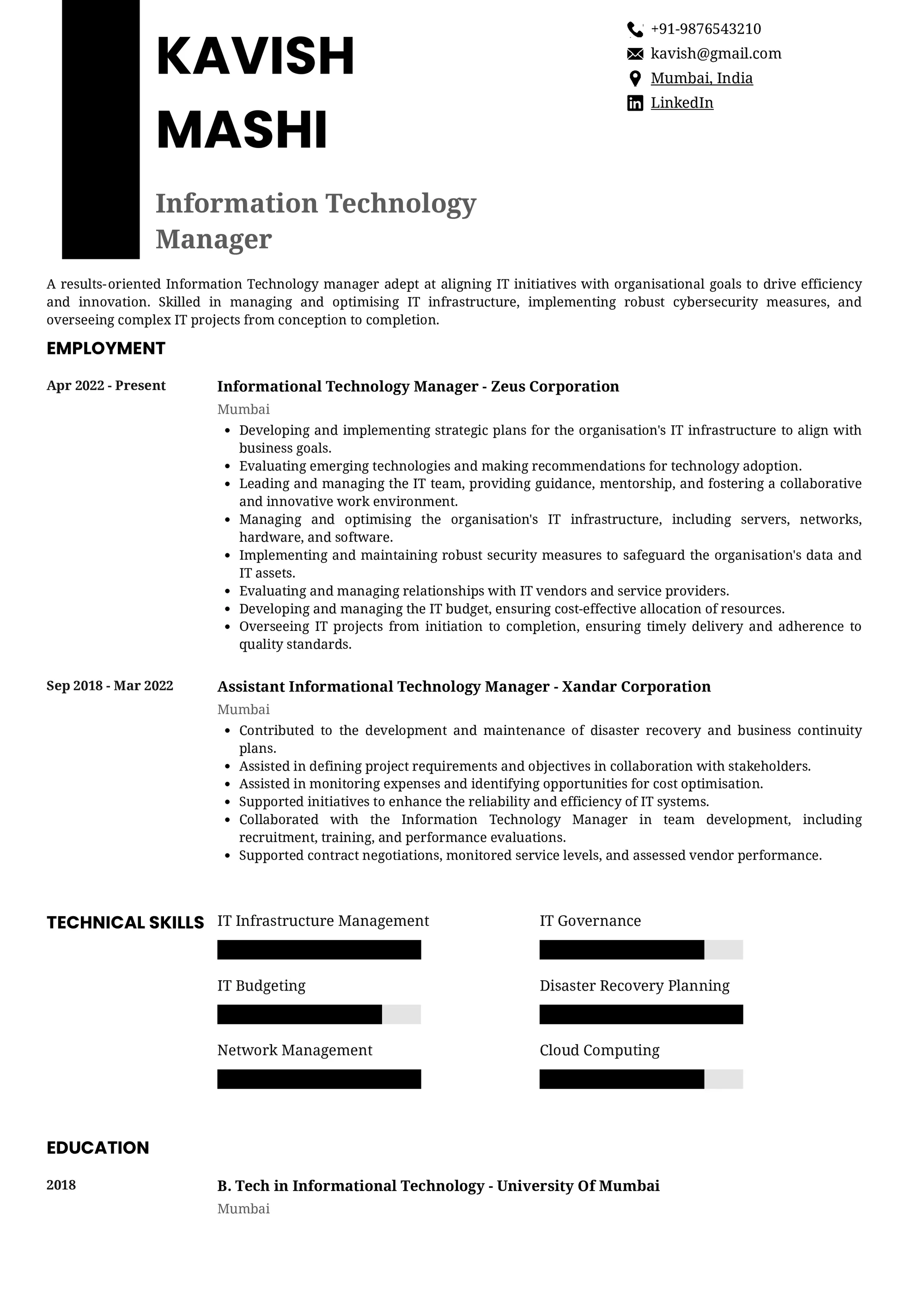 Resume of Information Technology Manager built on Resumod