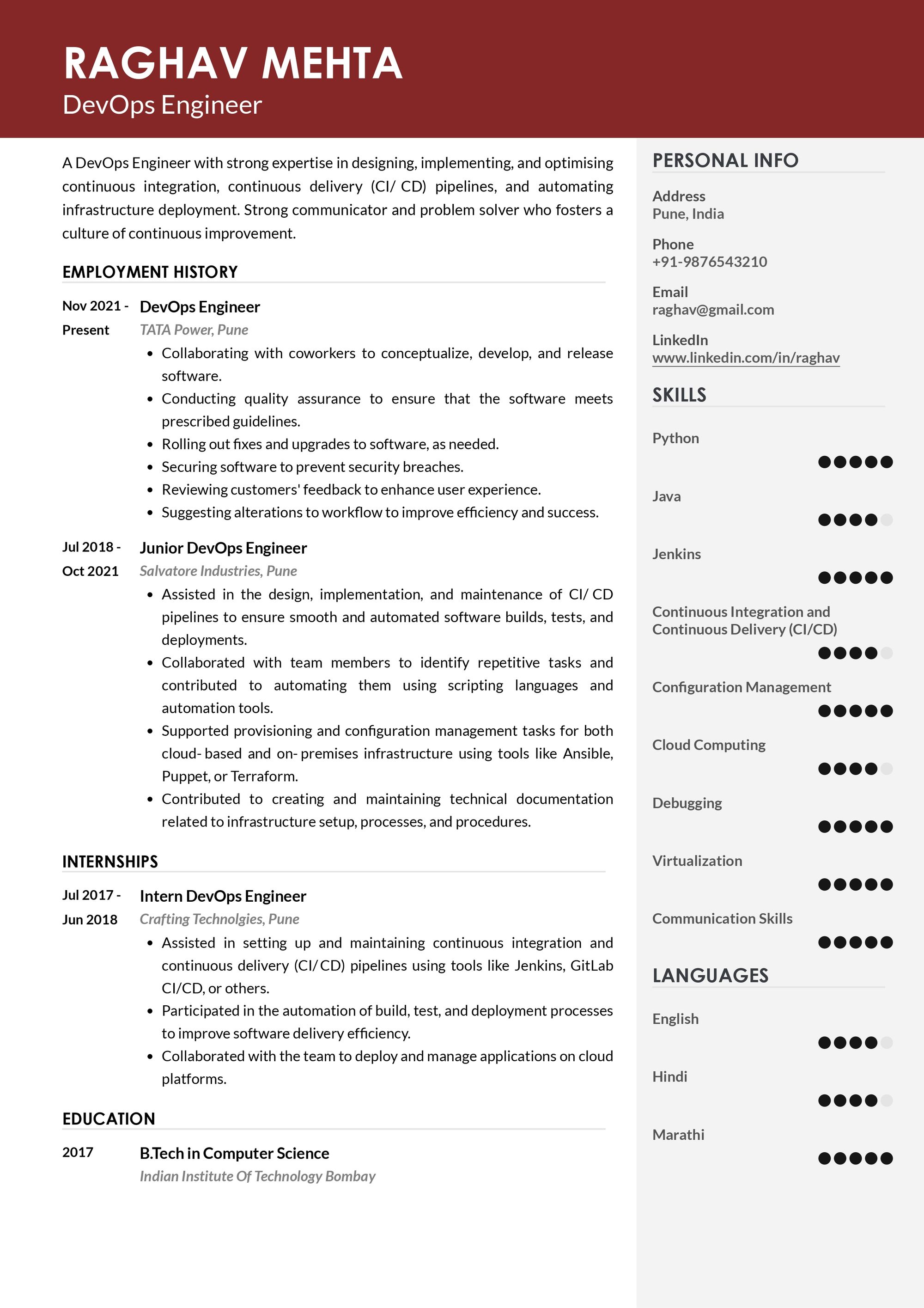 Resume of DevOps Engineer built on Resumod