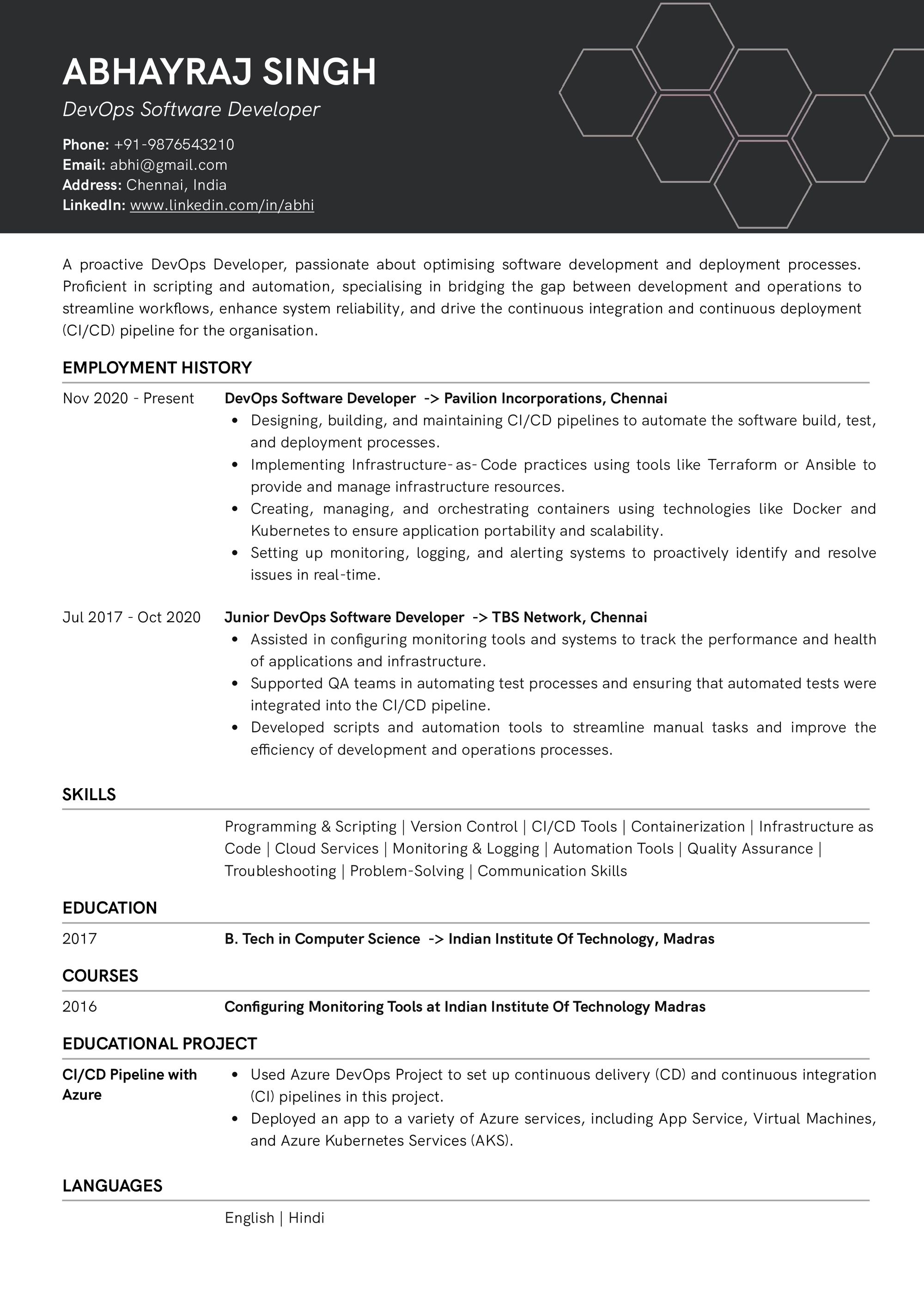 Resume of DevOps Software Developer built on Resumod