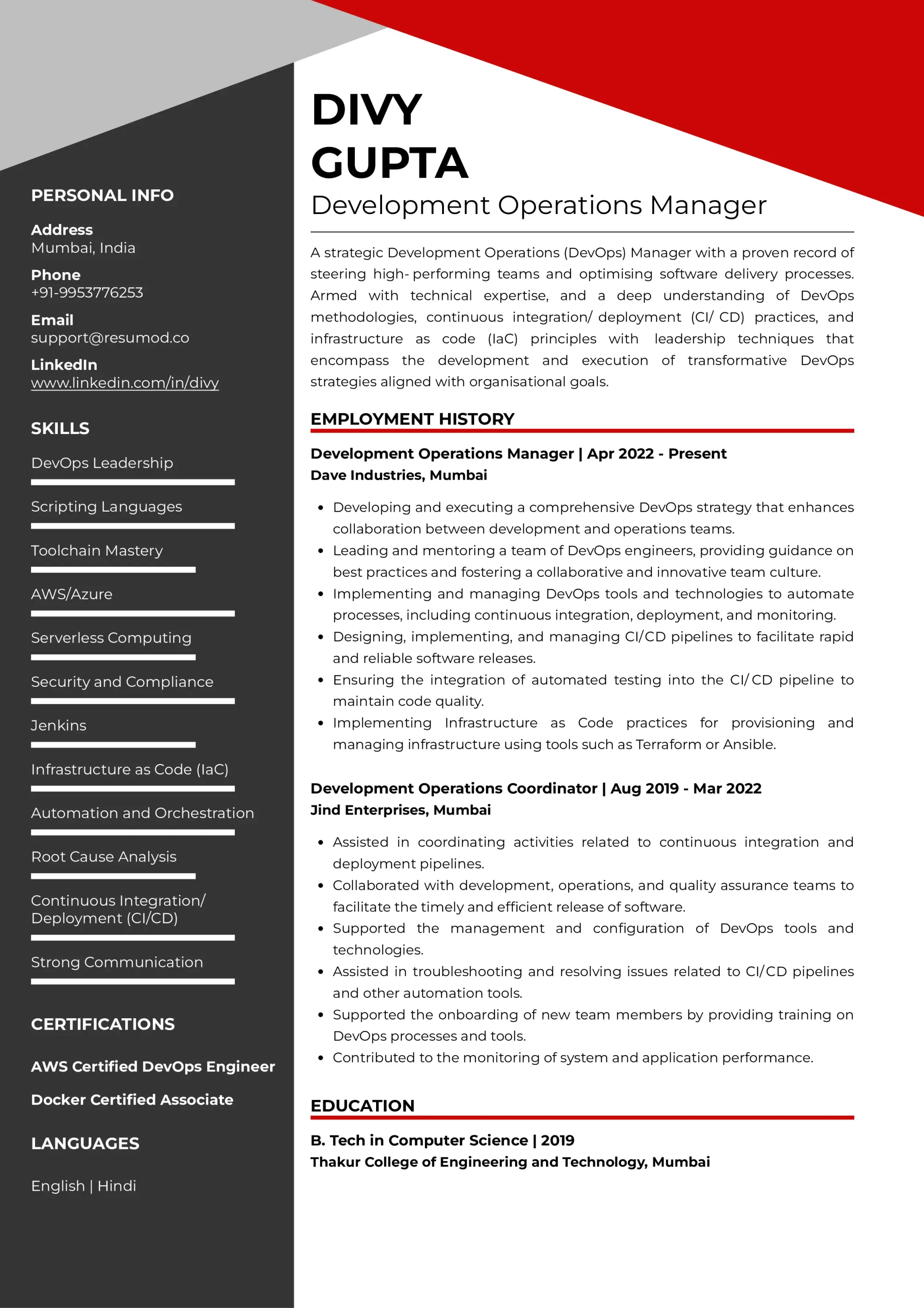 Resume of Development Operations (DevOps) Manager built on Resumod