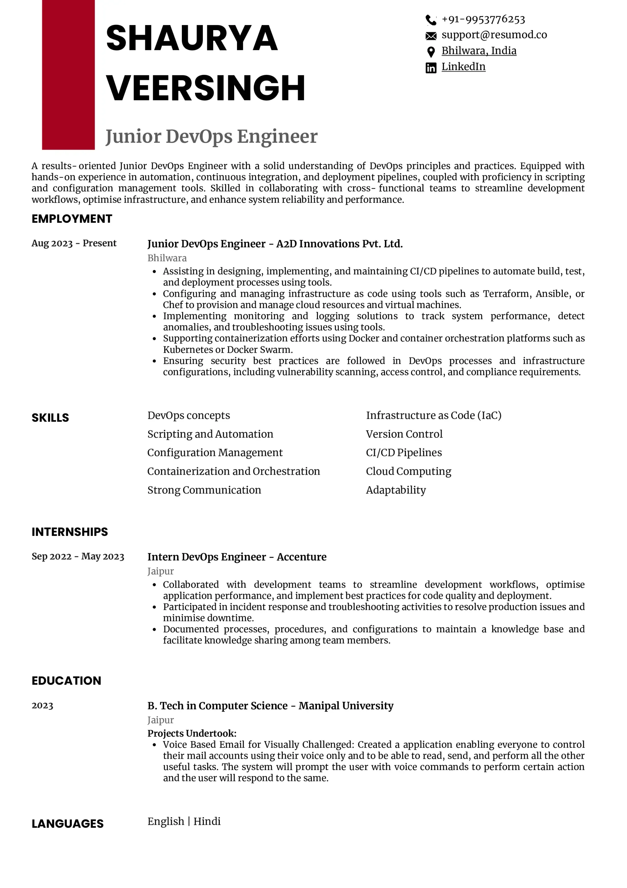 Resume of Junior DevOps Engineer built on Resumod