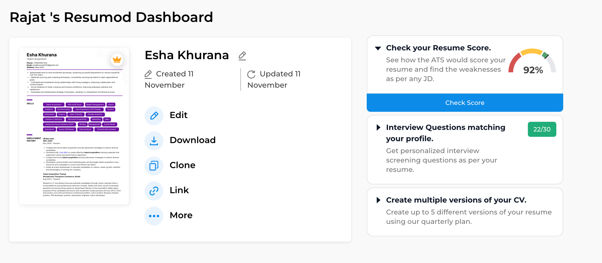 Updated Resume Dashboard on Resumod.co