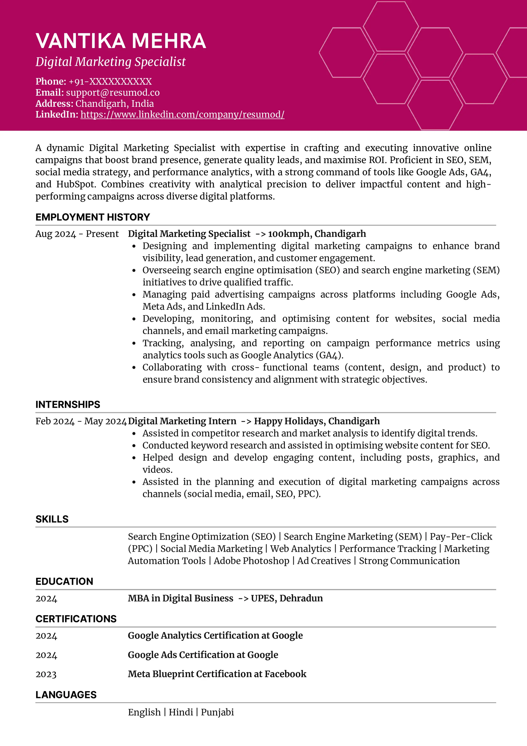 Resume of Digital Marketing Specialist built using Resmod.co's AI-powered resume builder 
