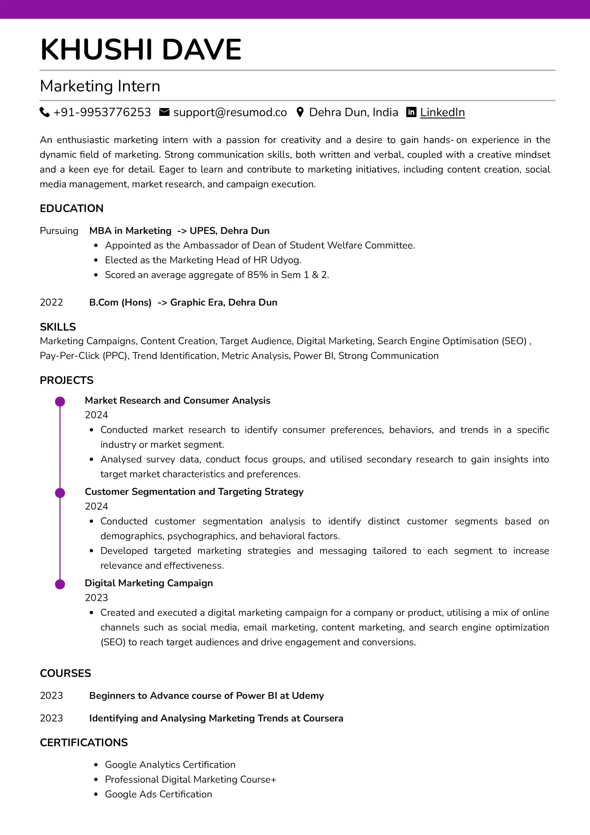 Resume of Marketing Intern built using Resmod.co's AI-powered resume builder