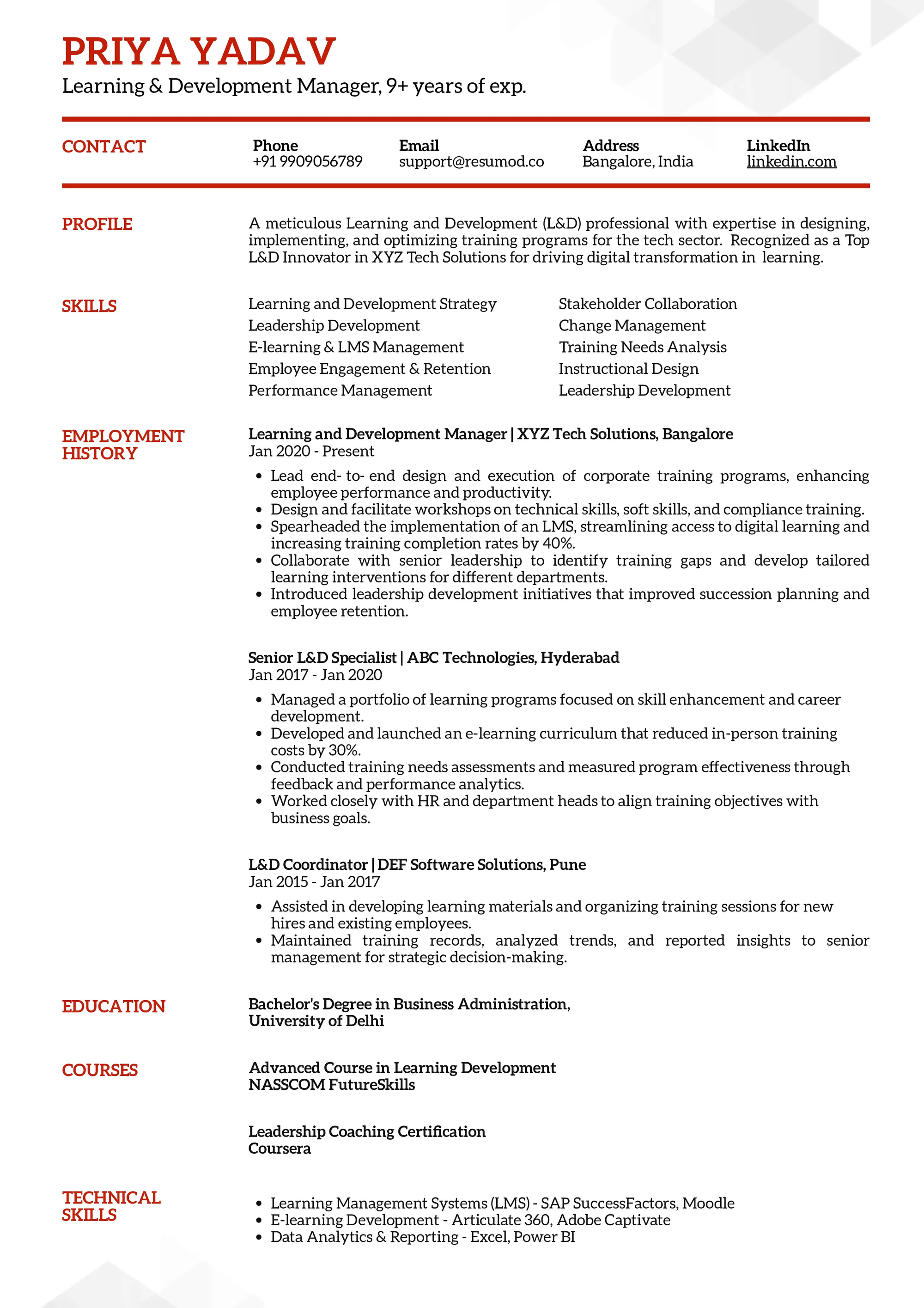 Resume of Learning & Development Manager built using Resumod's AI-powered builder
