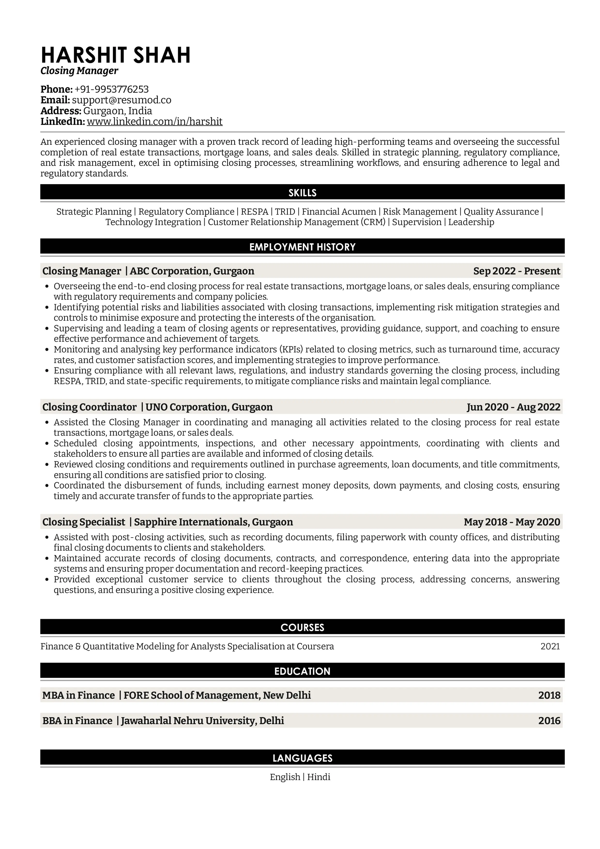 Resume of a Closing Manager built on Resumod.co's AI Powered Resume Builder