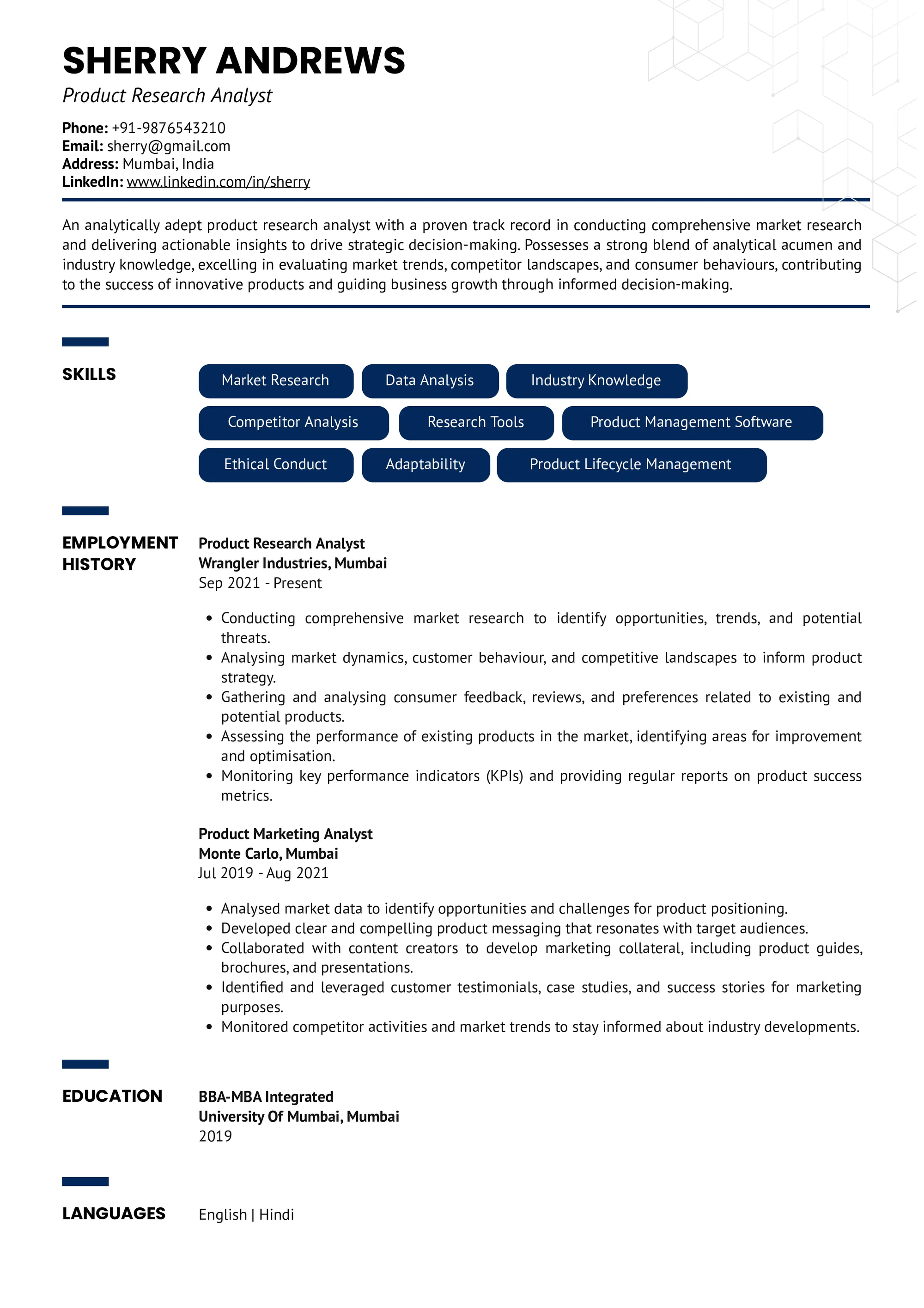 Resume of product research analyst built using Resumod.co's AI-powered resume builder