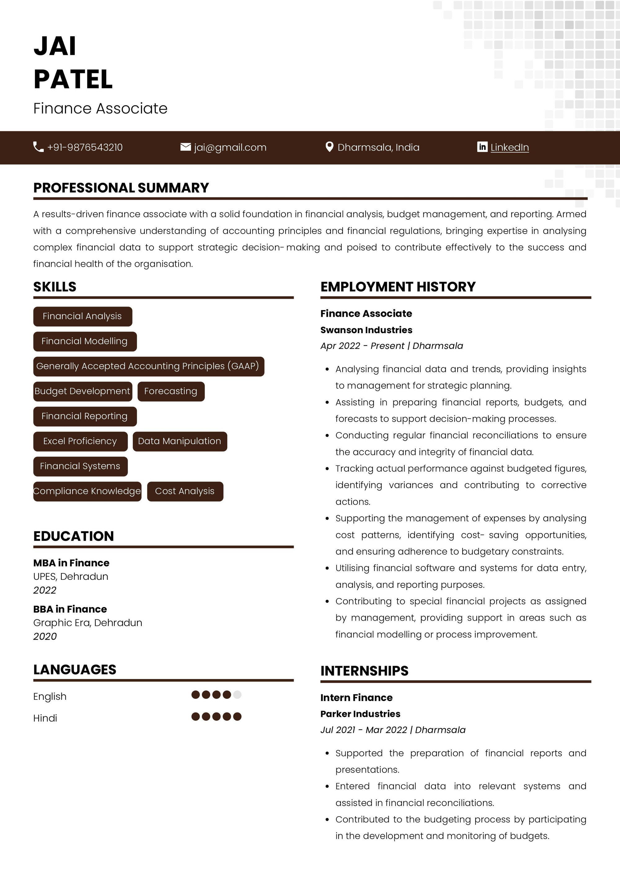 Resume of Finance Associate built on Resumod.co's AI-powered resume builder