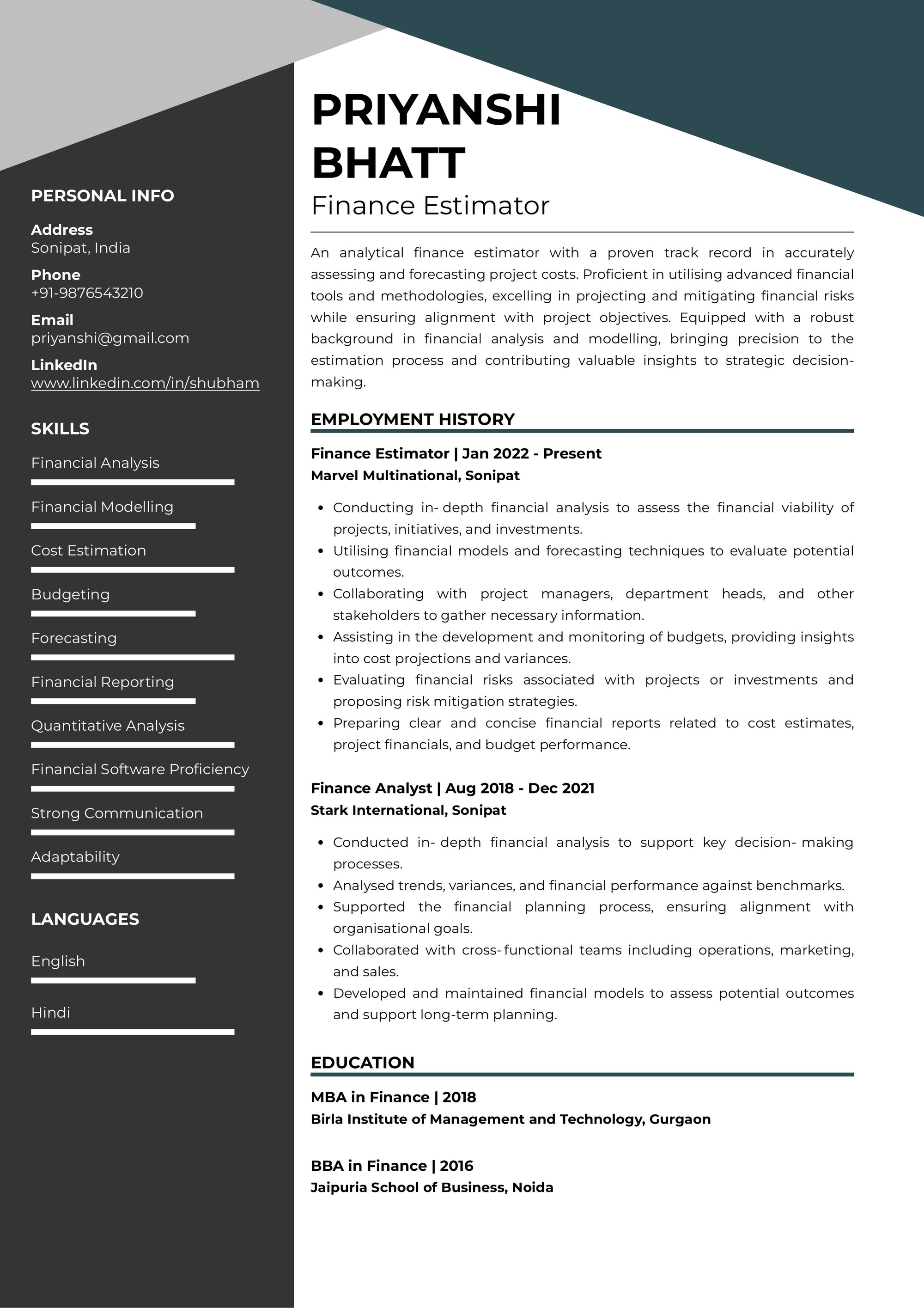 Resume of Finance Estimator built on Resumod.co's AI-powered resume builder