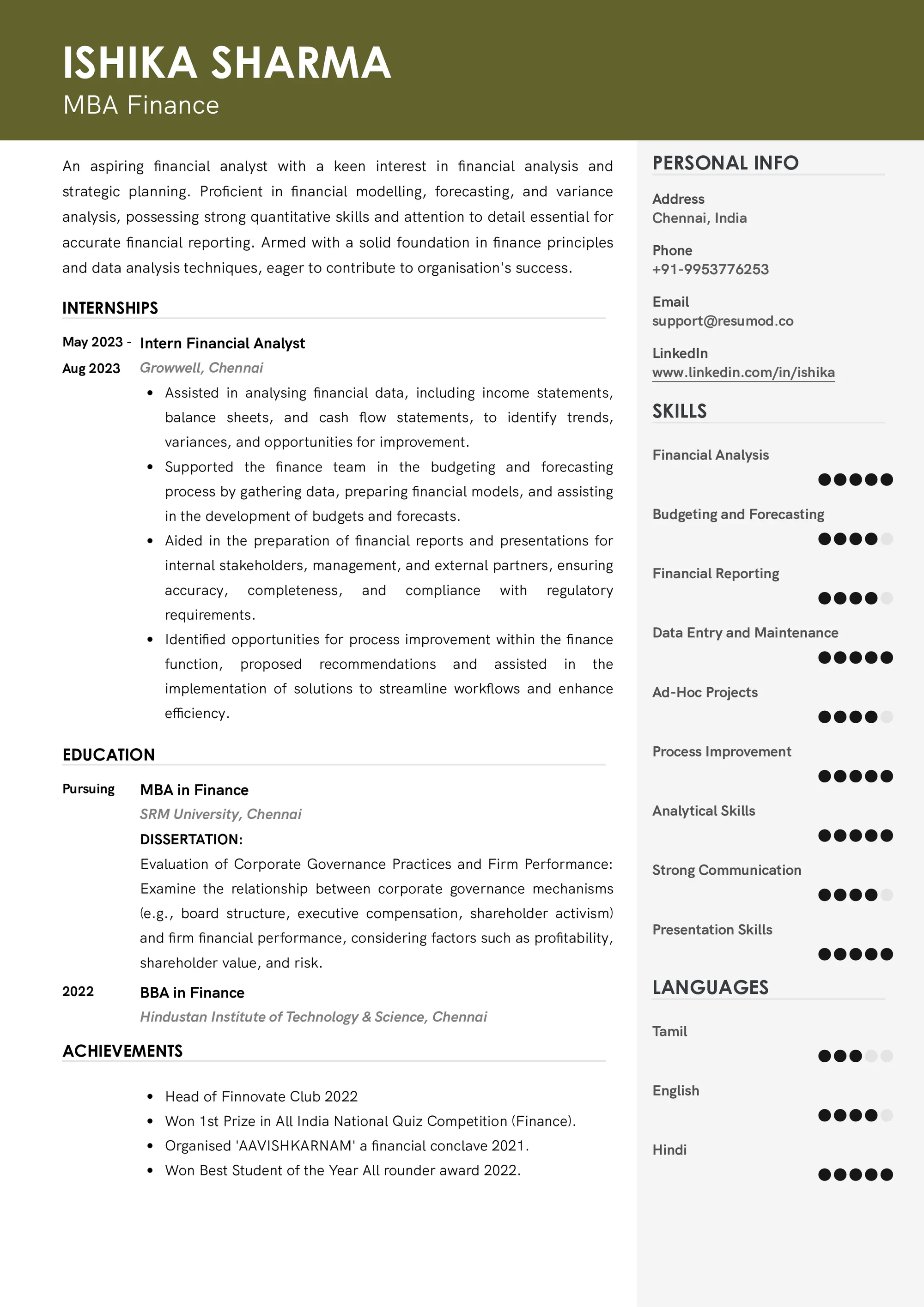 Resume of MBA Finance built on Resumod.co's AI-powered resume builder