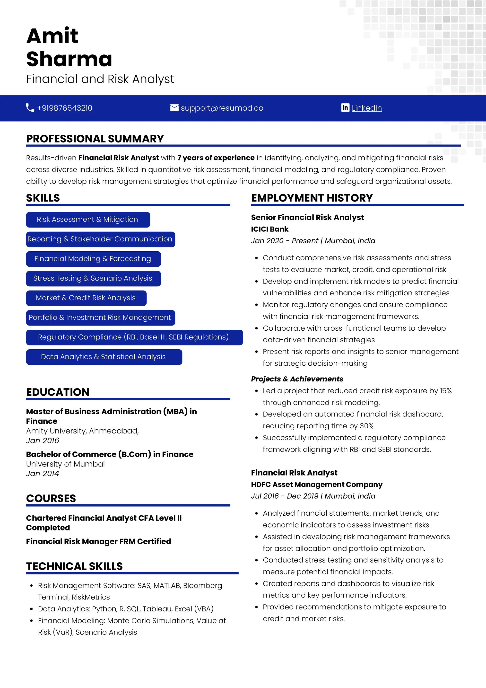 Resume of Financial Risk Analyst built on Resumod.co's AI-powered resume builder