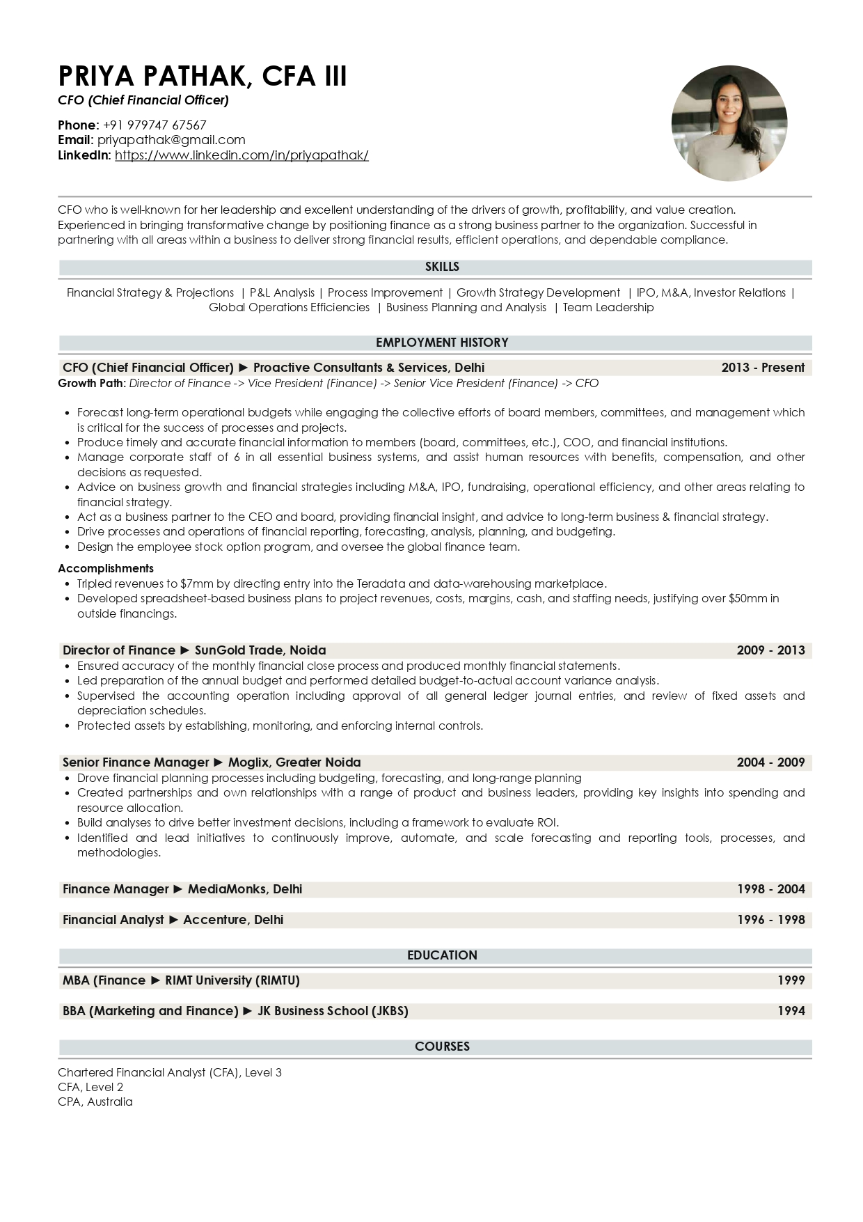 Resume of Chief Financial Officer built on Resumod.co's AI-powered resume builder