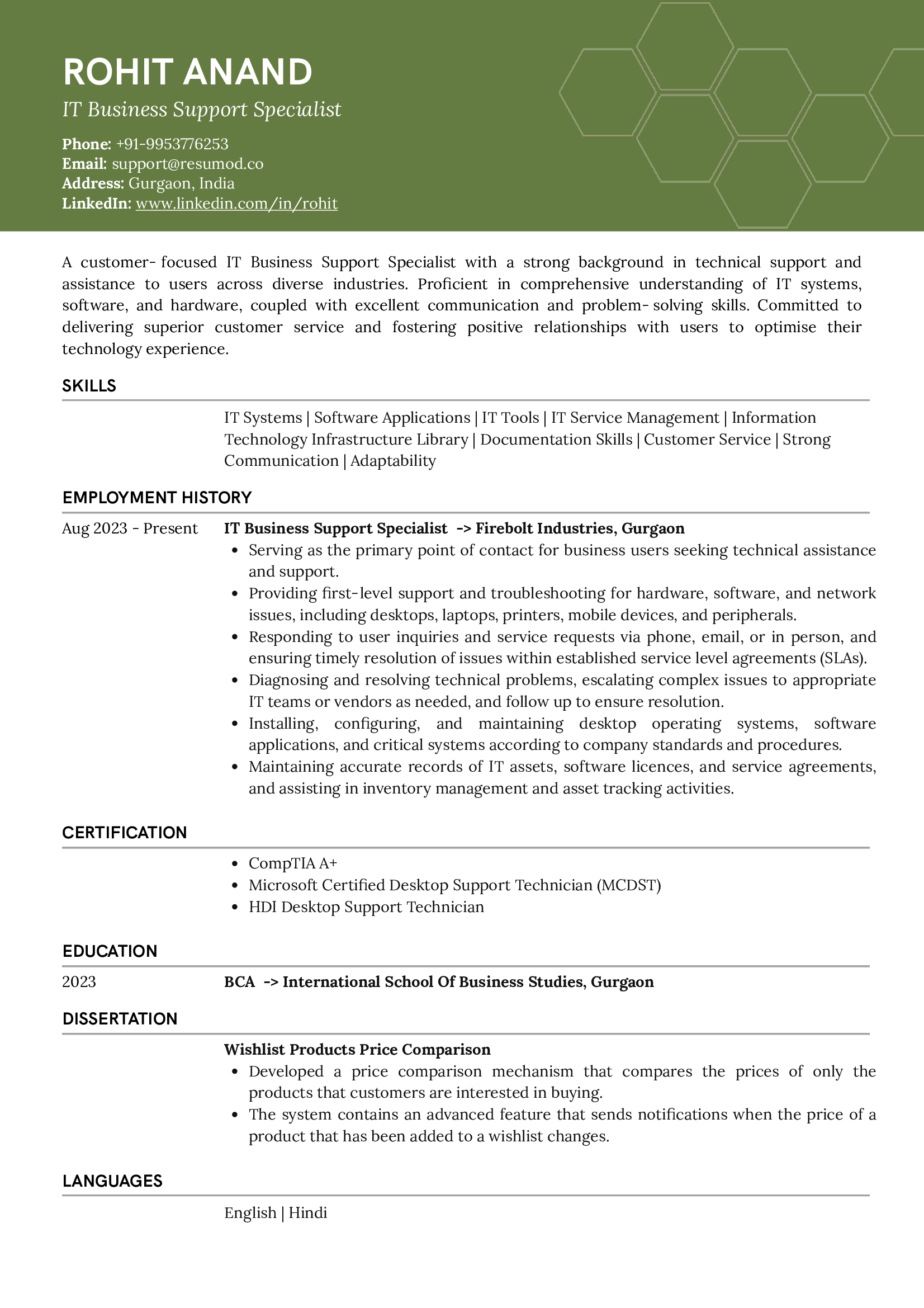 Resume of IT business support specialist built using Resumod.co's AI-powered resume builder