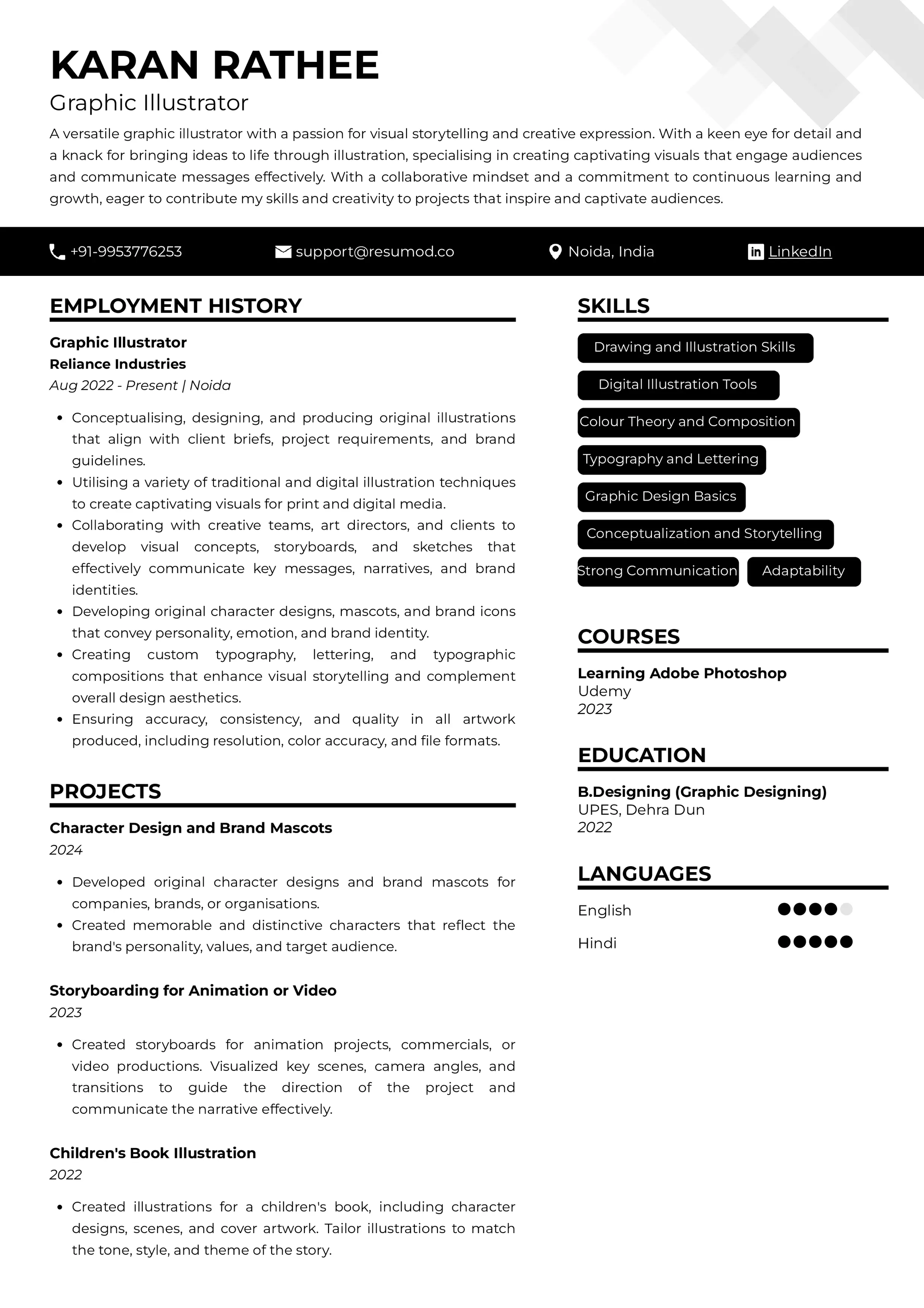 Resume of graphic illustrator built using Resumod.co's AI-powered resume builder