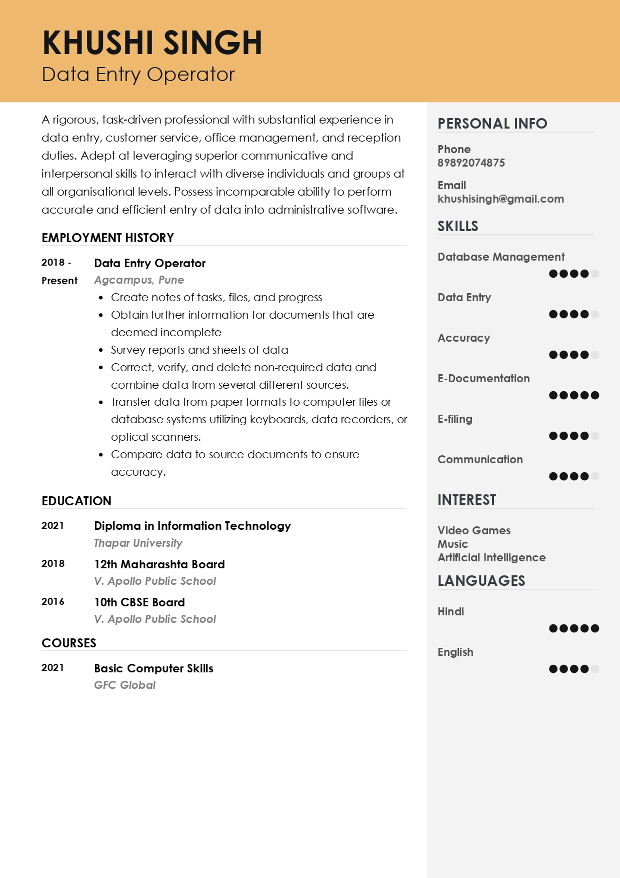 Resume of data entry operator built using Resumod.co's AI-powered resume builder