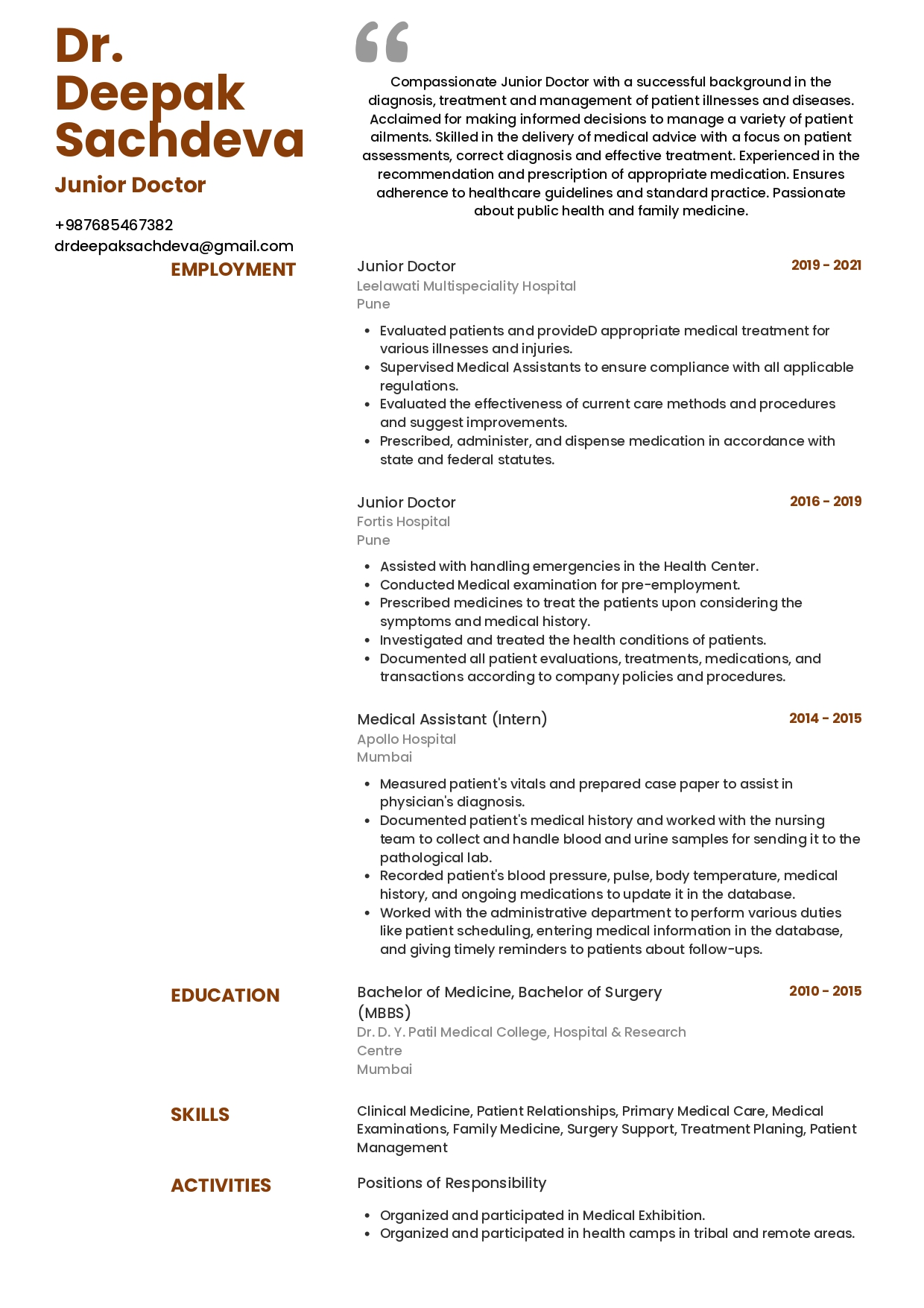 Resume of junior doctor built using Resumod.co's AI-powered resume builder
