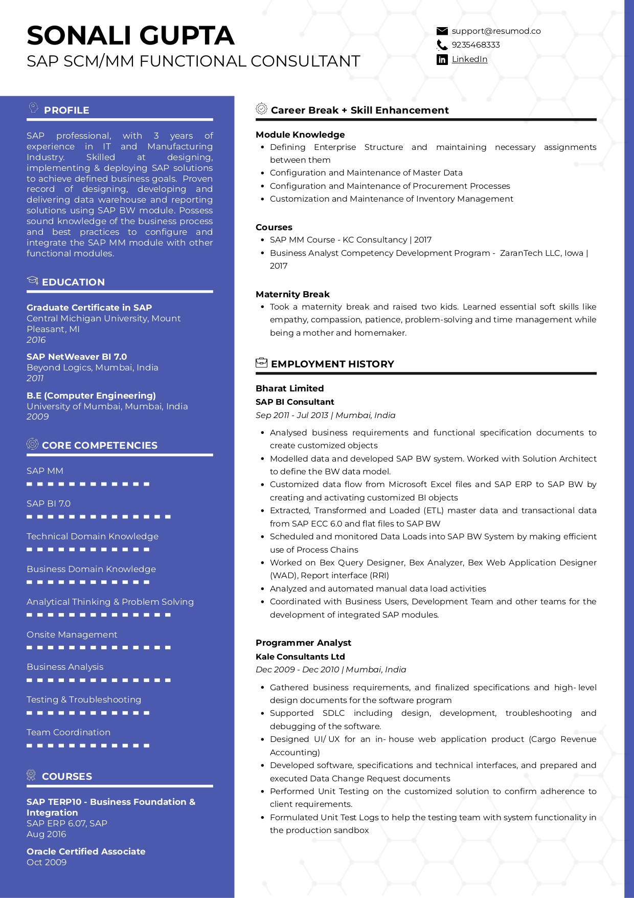 Resume of SAP SCM/MM consultant built using Resumod.co's AI-powered resume builder