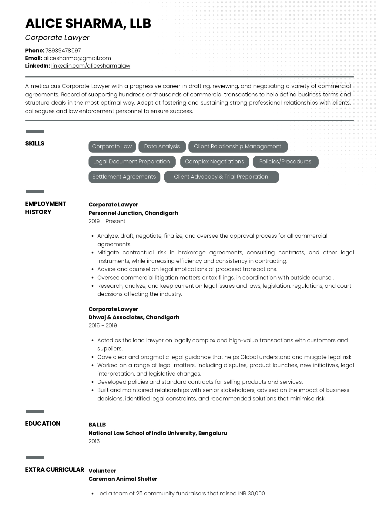 Resume of Corporate Lawyer built using Resumod.co's AI-powered resume builder
