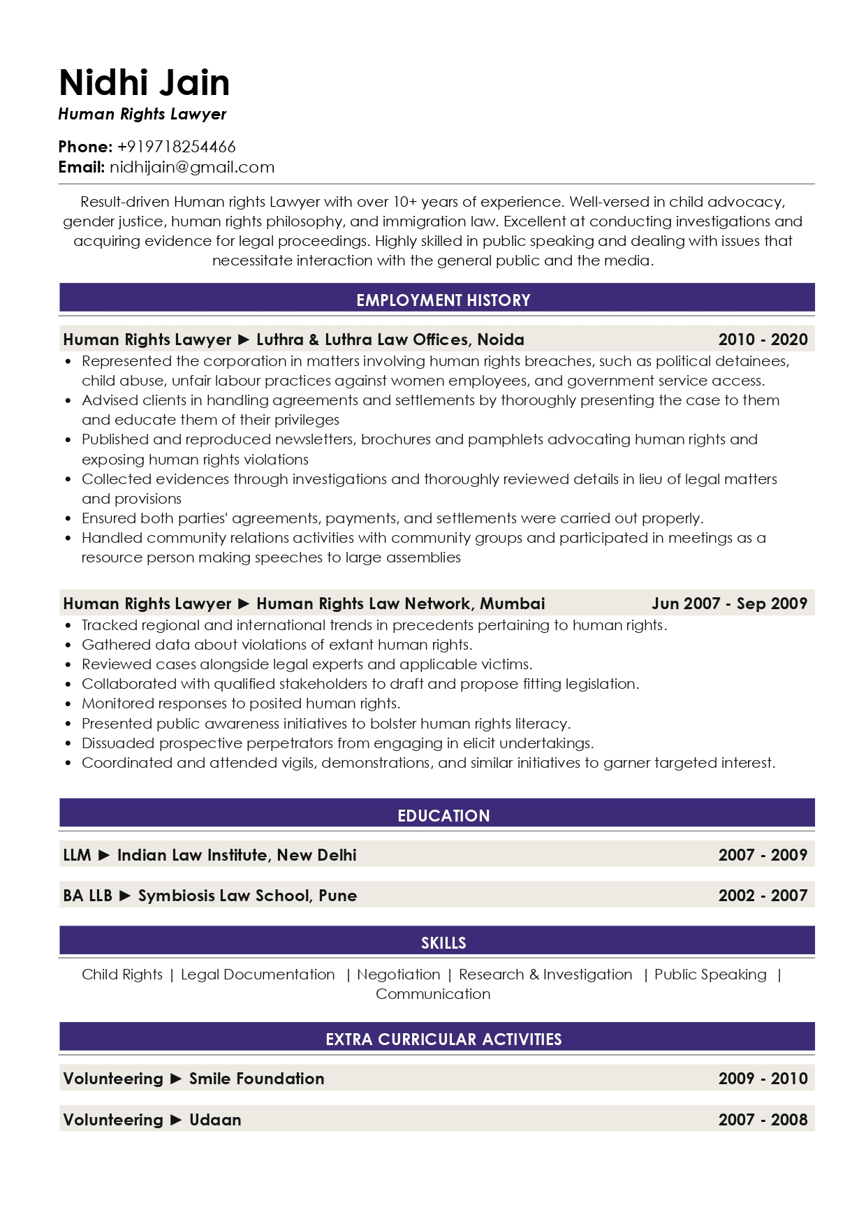 Resume of a Human Rights Lawyer built on Resumod.co's AI-Powered resume builder