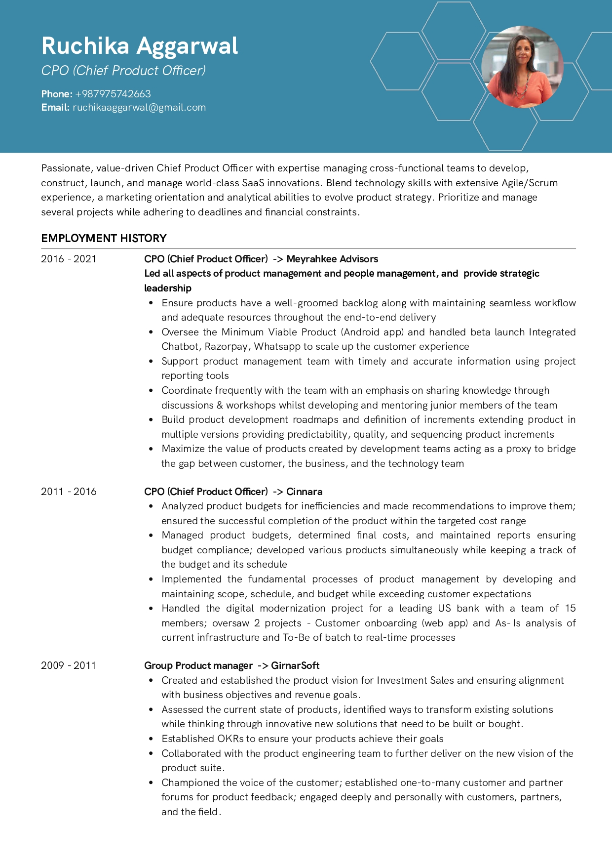 Resume of CPO (Chief Product Officer) built on Resumod.co's AI-Powered resume builder