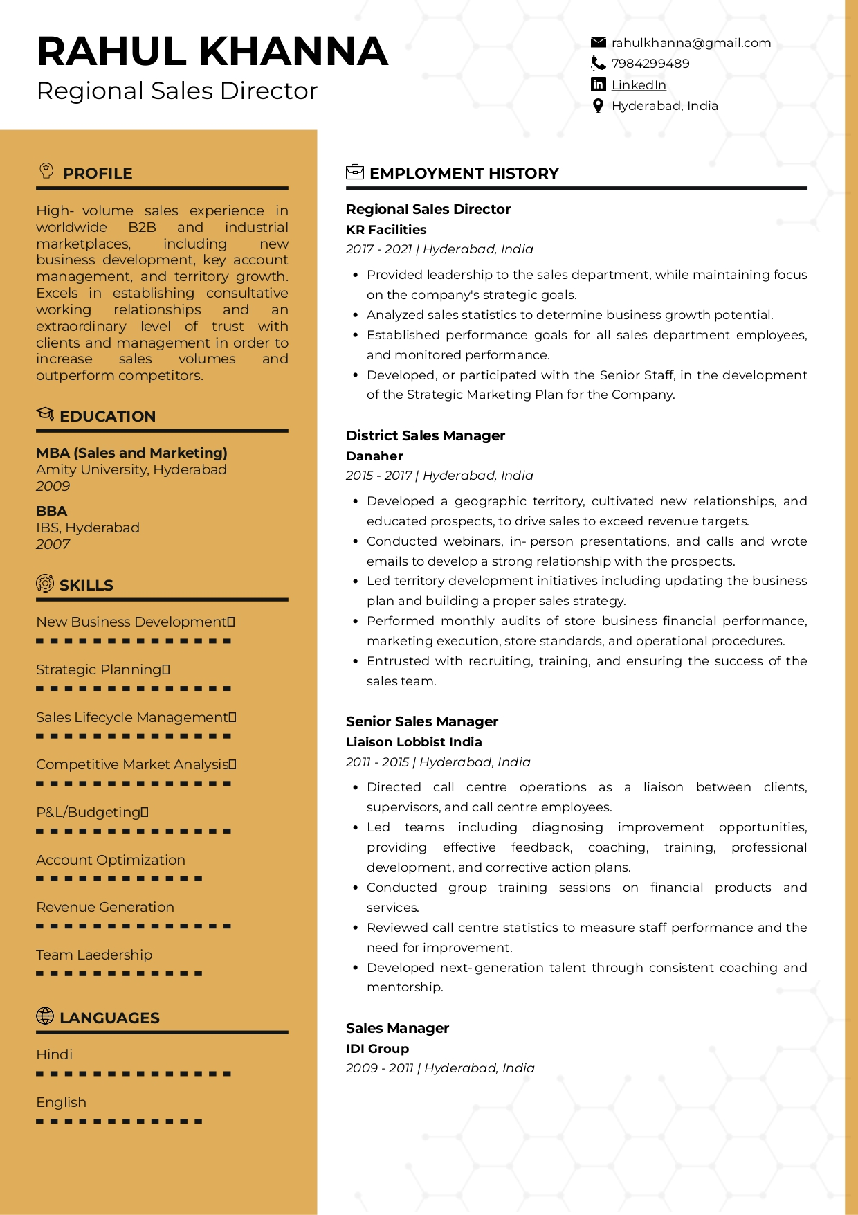 Resume of regional sales director built on Resumod.co's on AI-powered resume builder