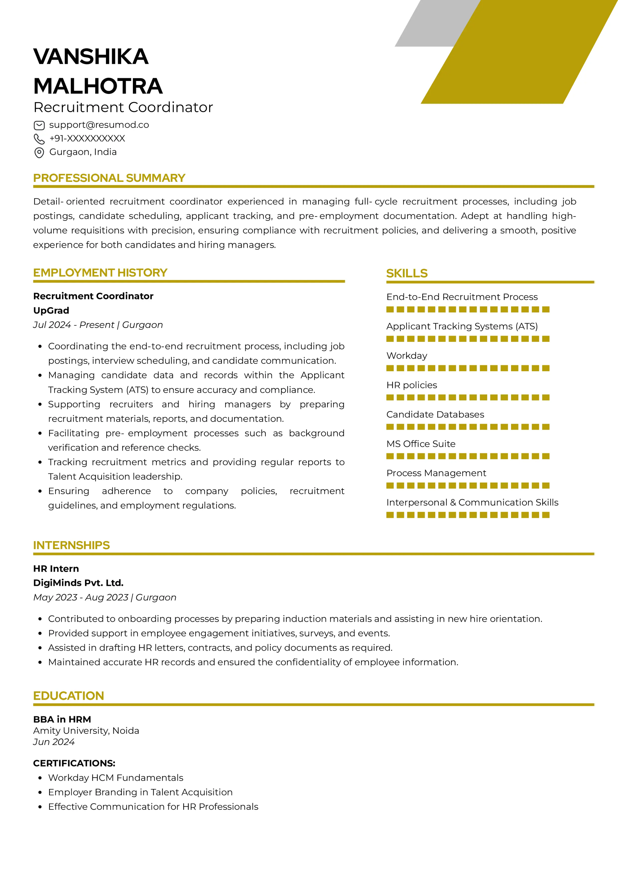Resume of Recruitment Coordinator built on Resumod.co's AI-powered resume builder