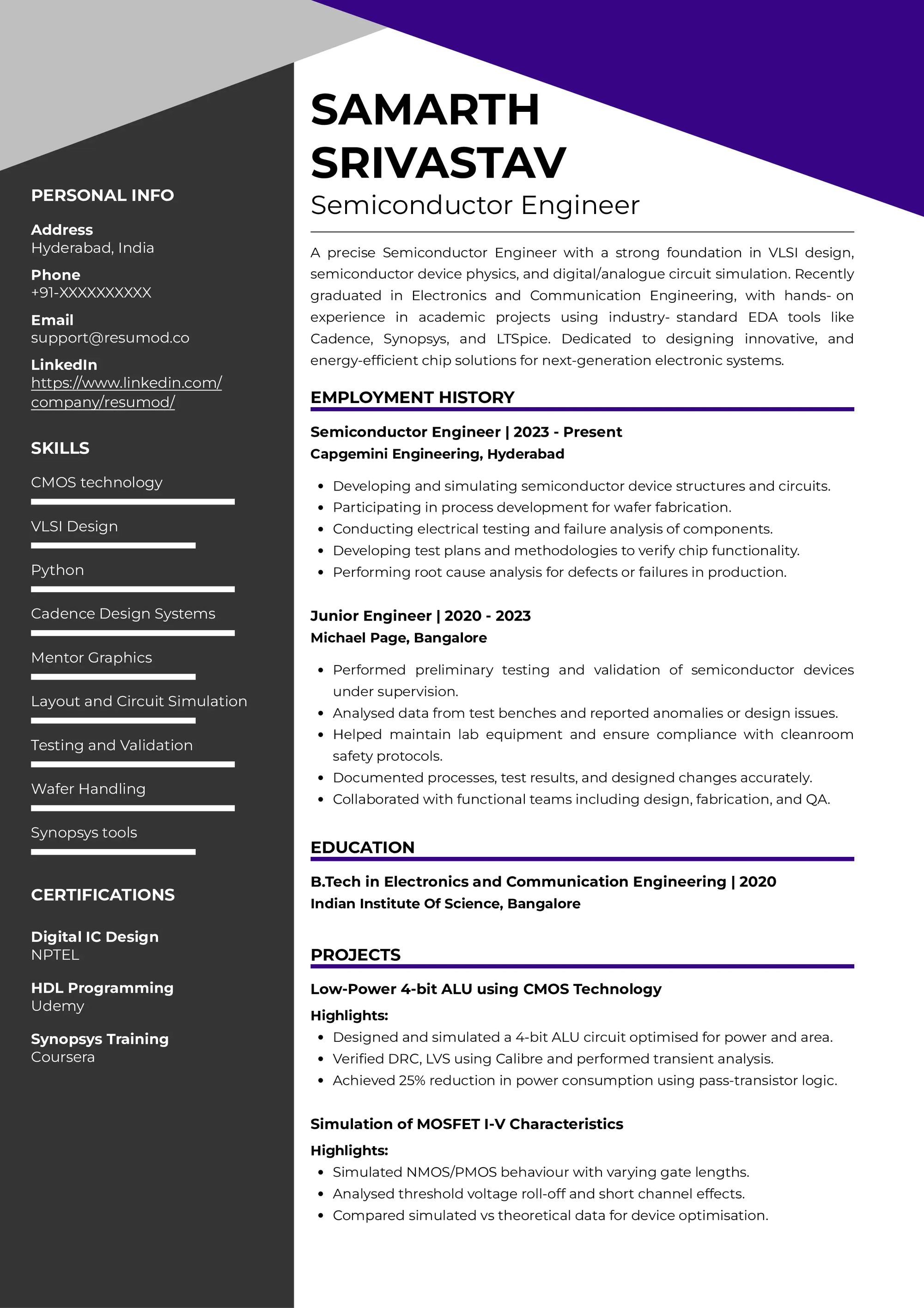 Check the full Resume of Semiconductor Engineer built on Resumod.co's AI-powered builder