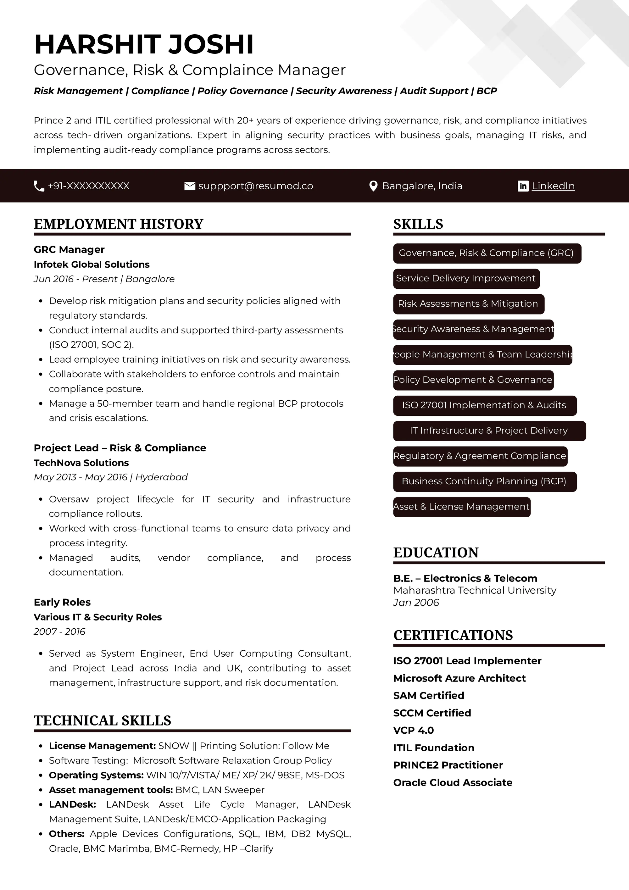Resume of Governance, Risk and Complaince Manager built on Resumod.co's AI-powered resume builder