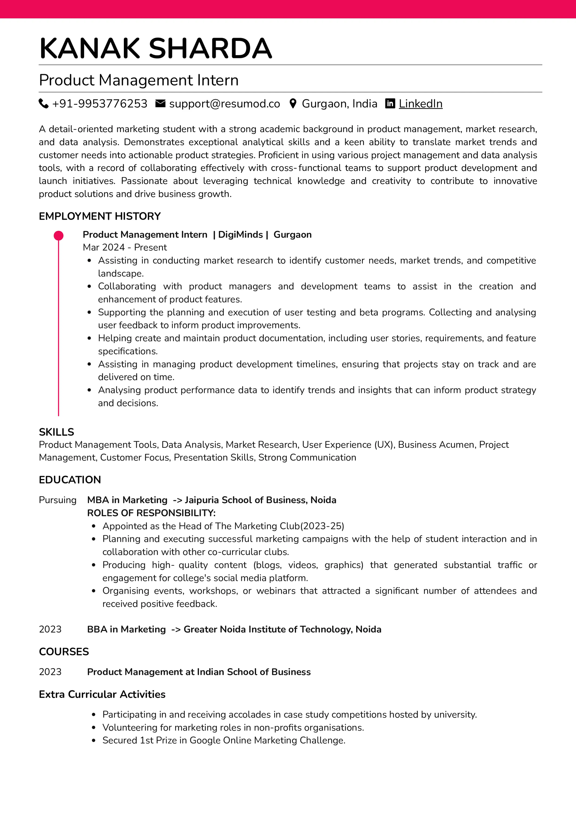 Resume of Product Management Intern built on Resumod.co's AI-powered resume buillder