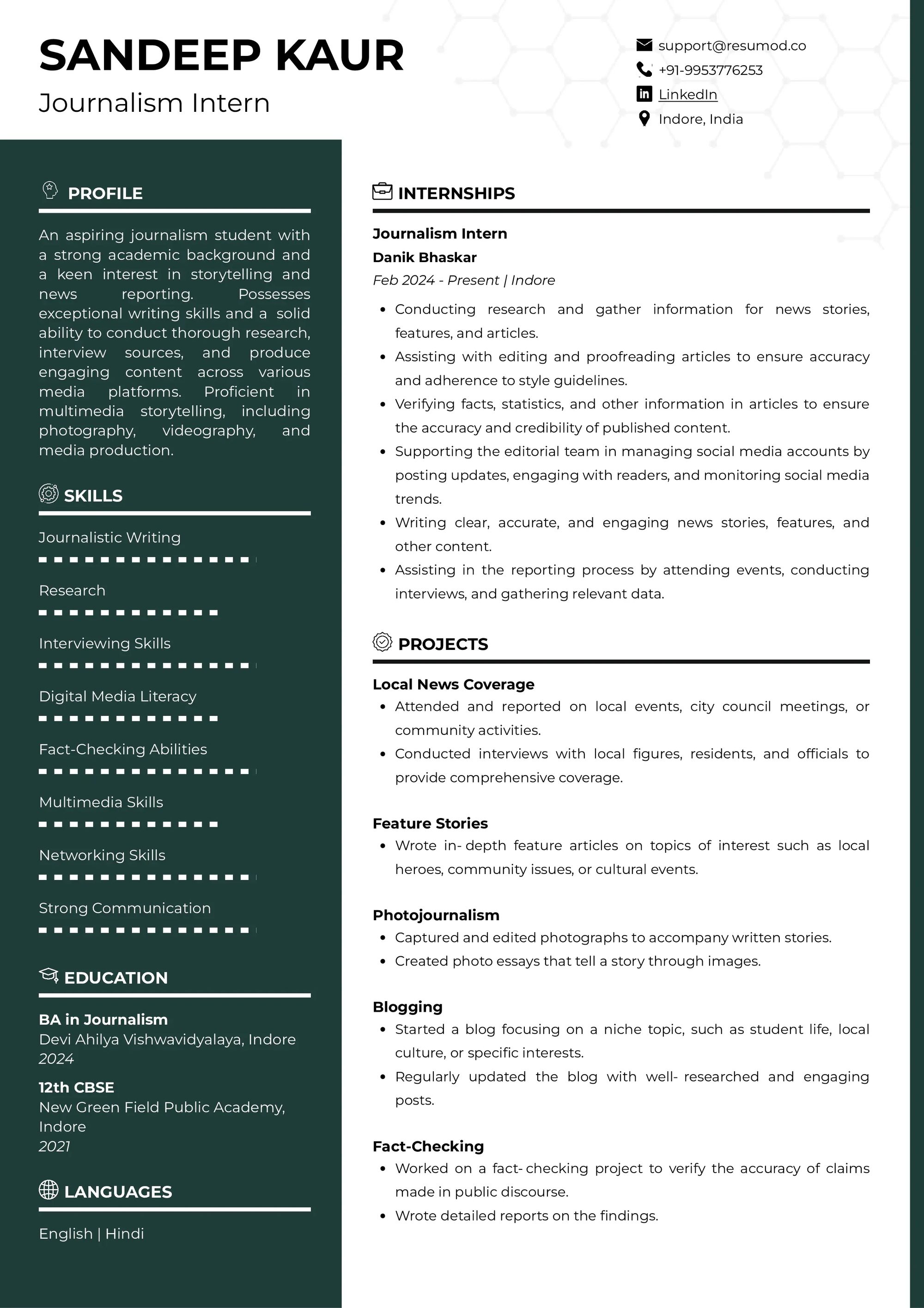 Resume of Journalism Intern built on Resumod.co's AI-powered resume builder