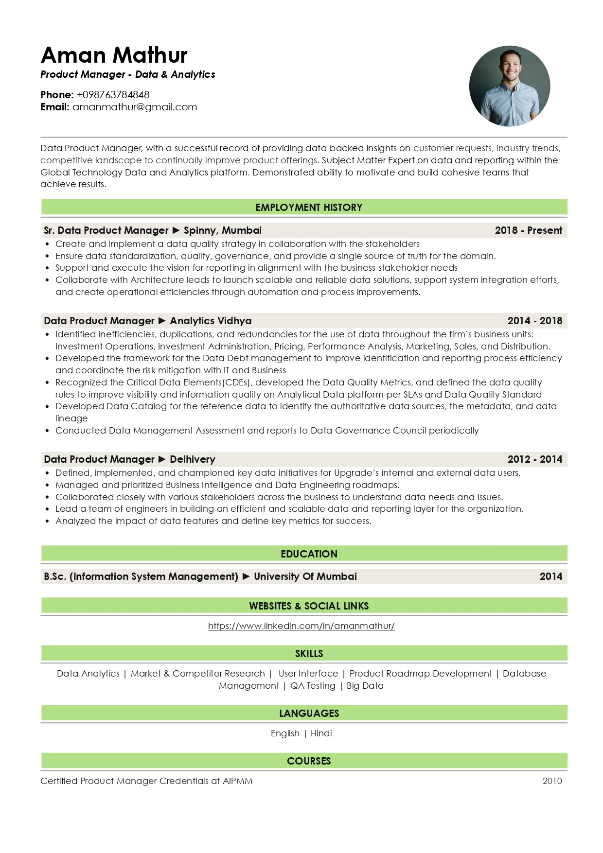 Resume of data product manager built on resumod.co's AI-powered resume builder